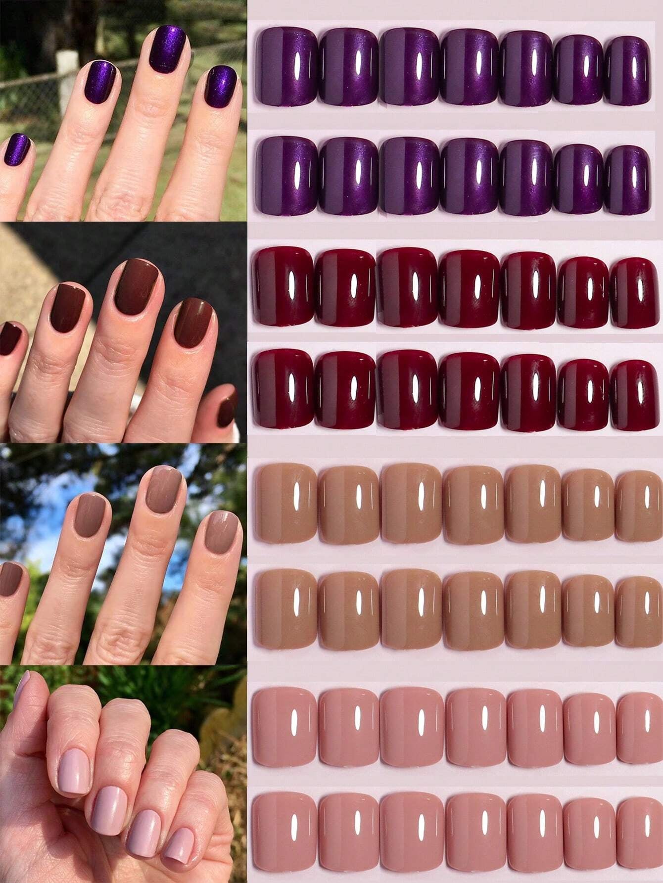 4 Colors (96 Pcs) Square Shape Press Nails Medium Size False Nails Brown Series Fake Nails Acrylic Faux Gloss Design Nails Full Coverage Nails for Women and Girls as Gifts