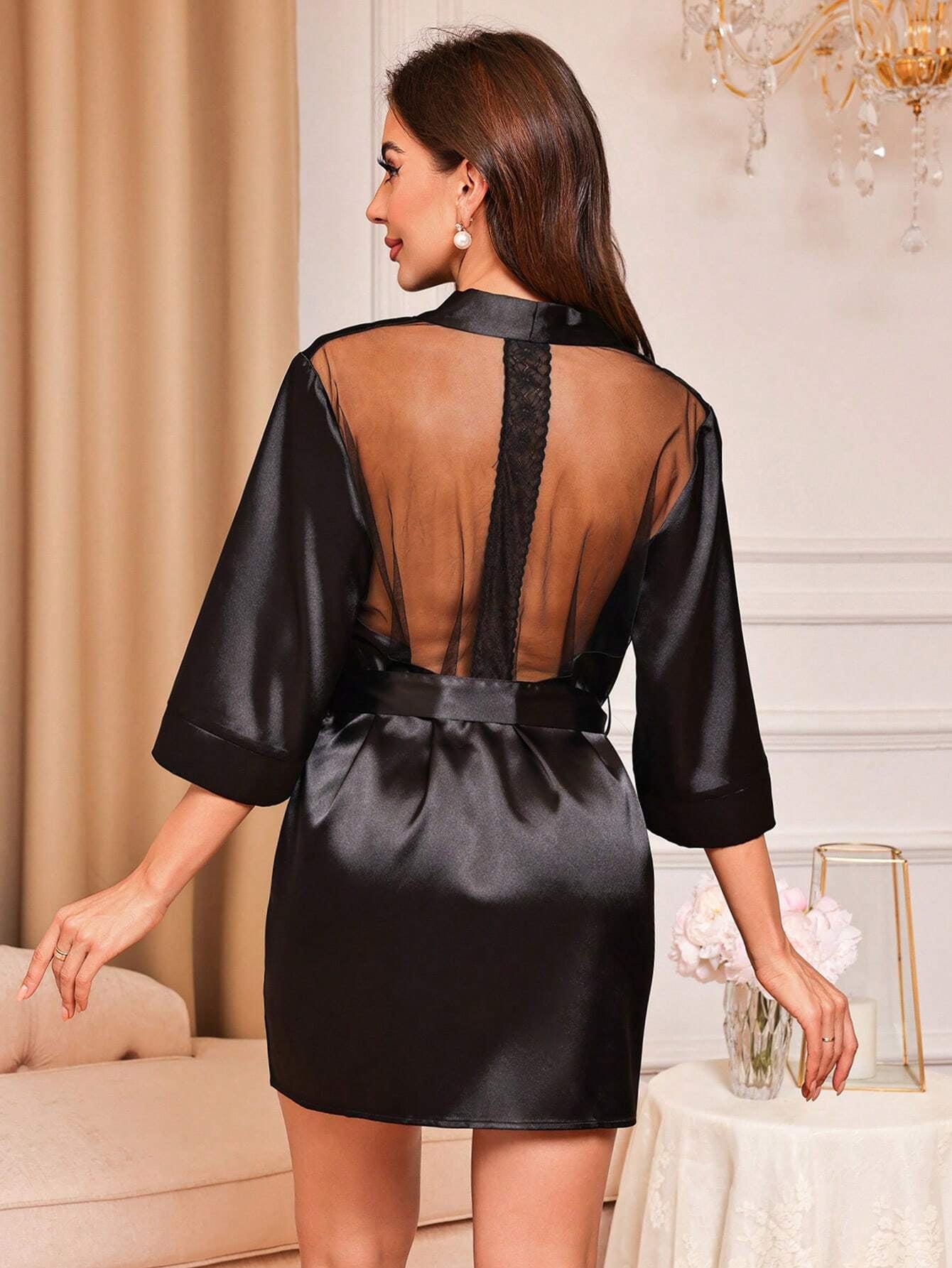 Black Sheer Lace & Satin Women'S Robe