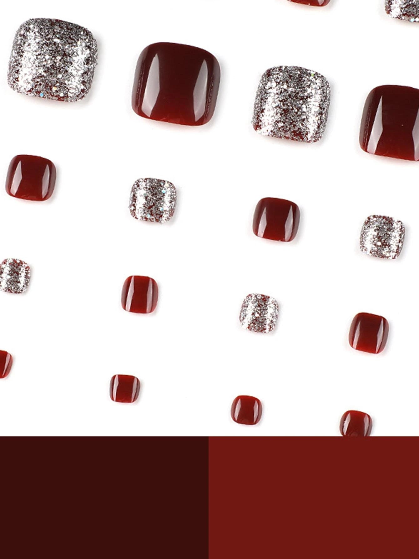 Upgrade Your Look with 24Pcs Short Square Timeless Burgundy Glittered Press-On Pedicure Gel Nails Full Cover Fake Toenail Kit