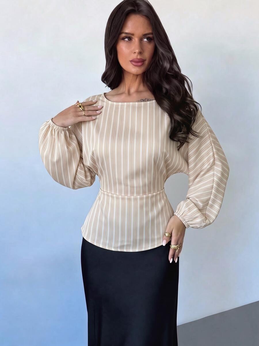 SHEIN Firerie بلوزة نسائية مخططة بياقة دائرية وأكمام جناح الخفاش