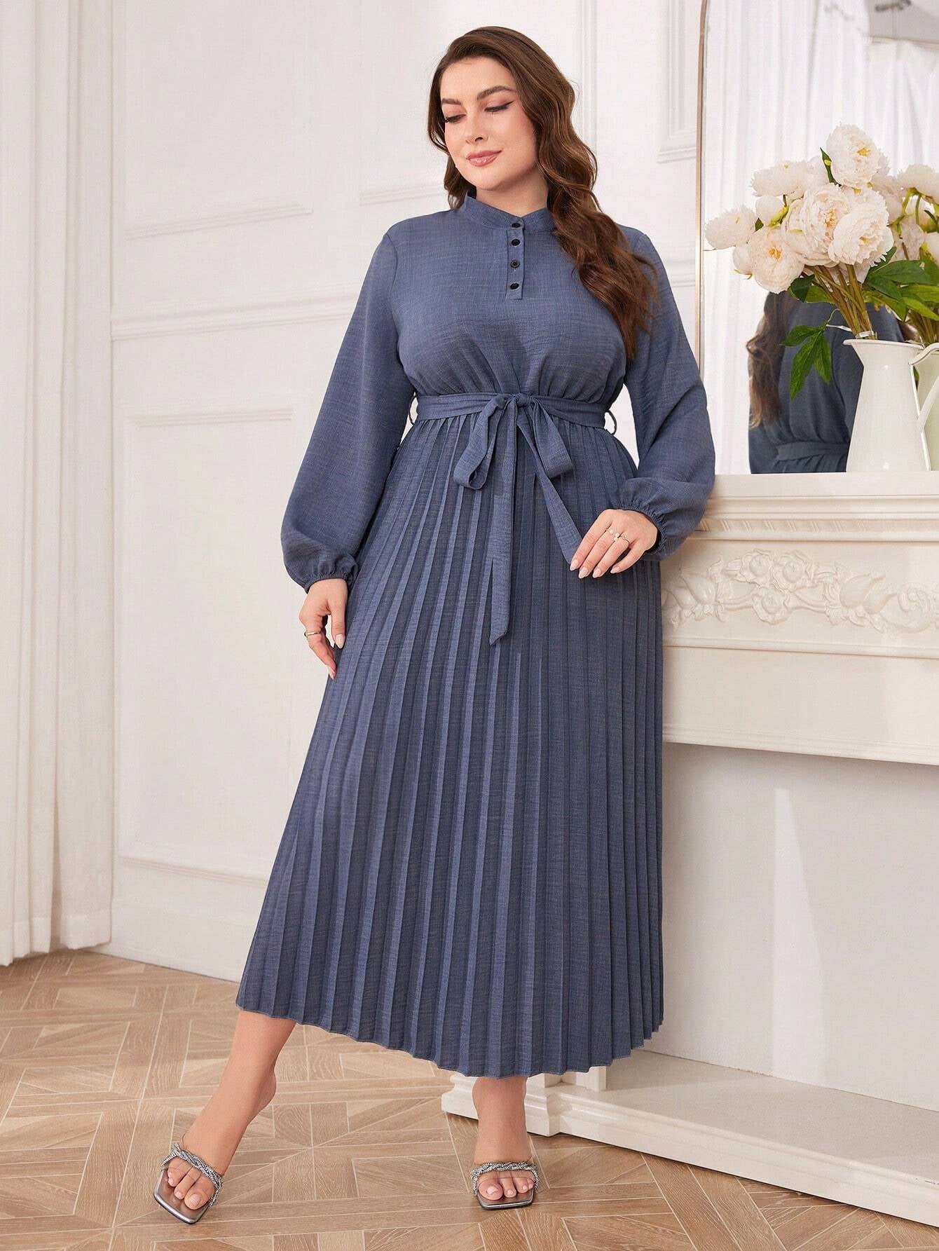 Modely Women'S plus Size Lantern Sleeve Belted Dress