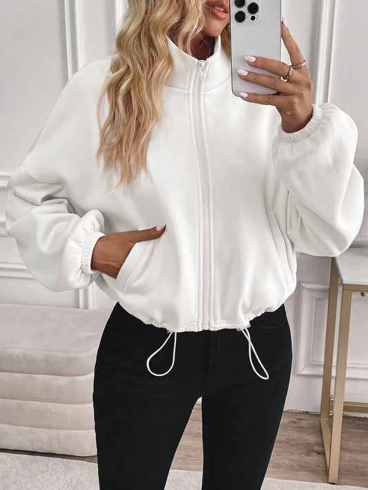 SHEIN Easowa جاكيت نسائي أبيض بسحاب وجيوب وأكمام طويلة