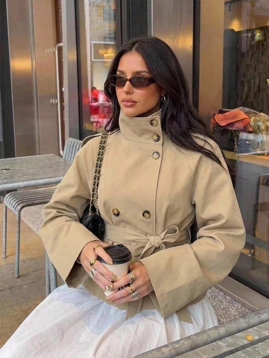 SHEIN Aloruh معطف ترنش نسائي بلون كاكي بخصر محدد