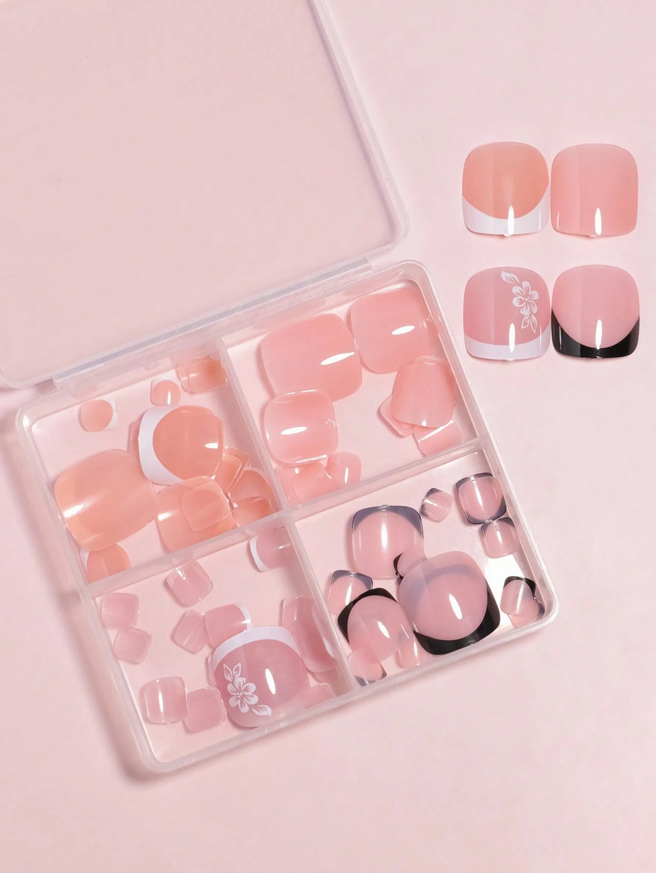 96Pcs(Black French/White French/Flower/French) Short Square Press on Toenails Designed Press on Toenails Full Cover, 4 Glossy False Toenails for Feet, French Design Fake Toenails for Summer Nail Art Set for Women and Girls with Re-Usable Storage Box