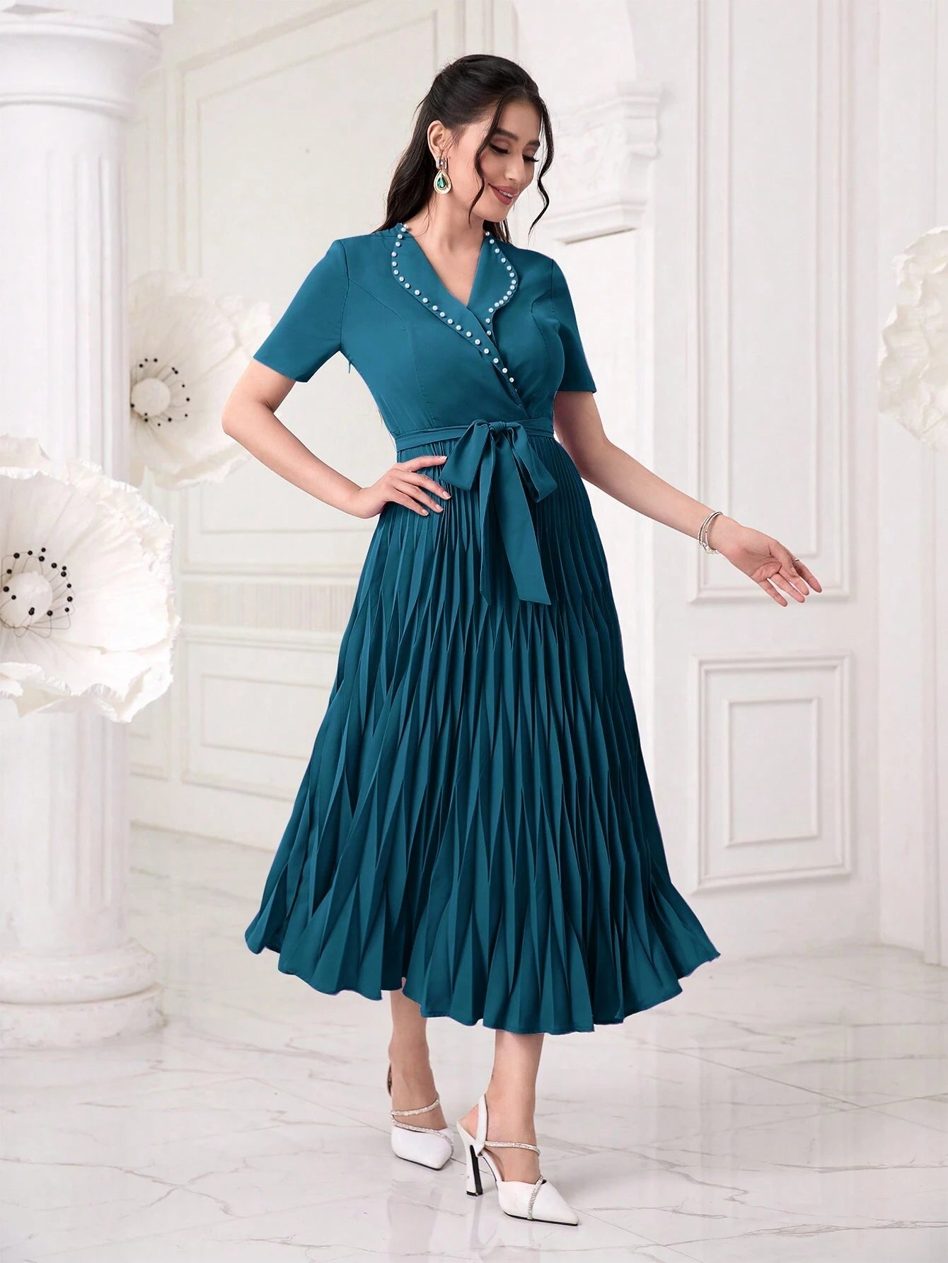 Modely Pearls Beaded Detail Belted Pleated Hem Dress