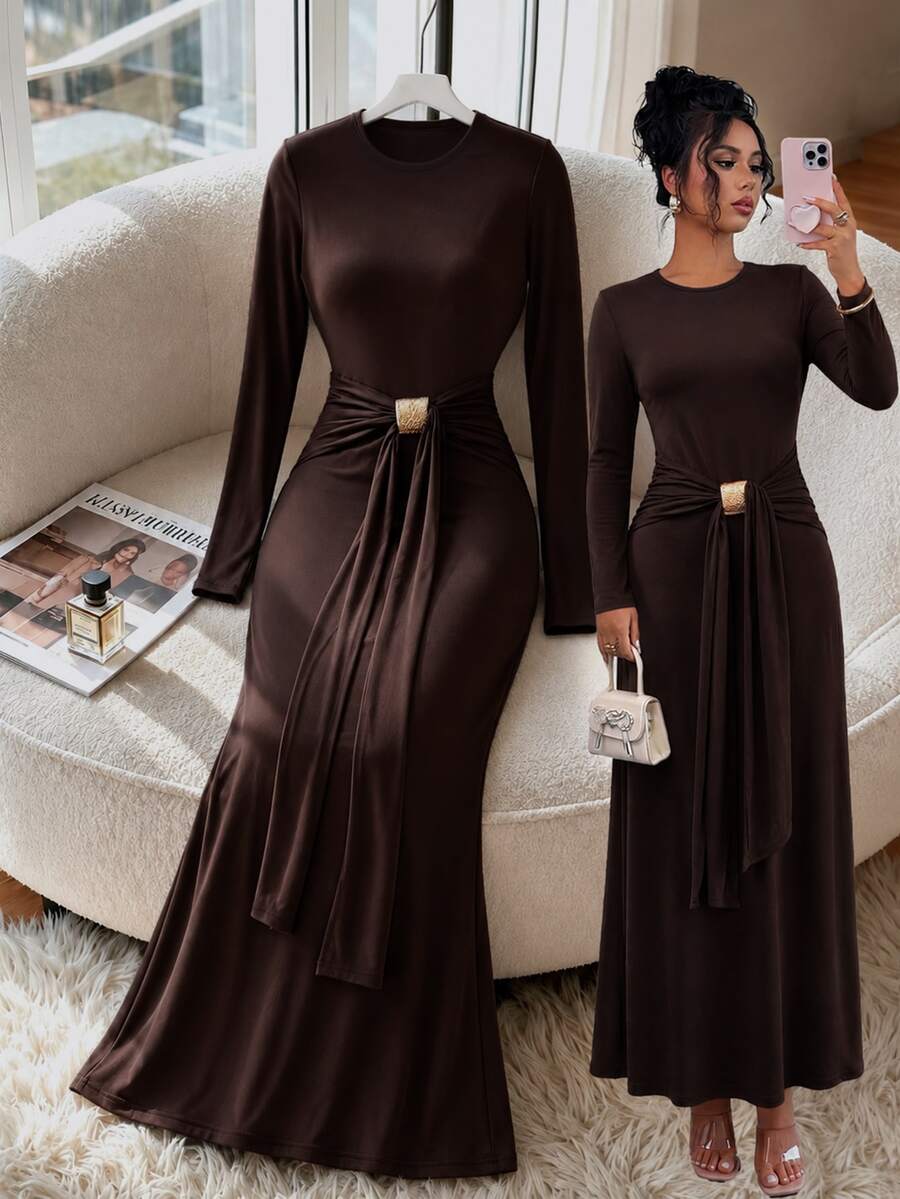 SHEIN Selianne فستان طويل بلون بني داكن أنيق