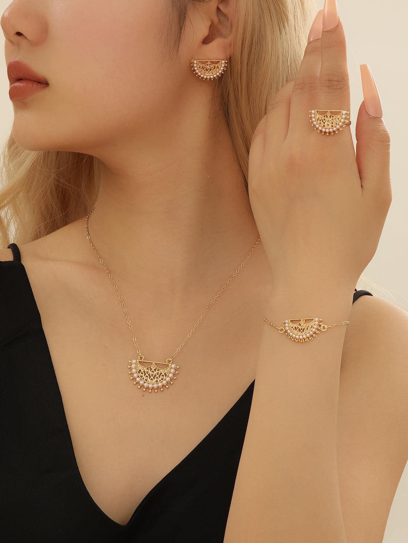 Fashionable Zinc Alloy Faux Pearl & Hollow Out Necklace, Earrings, Ring and Bracelet Set, in Gold