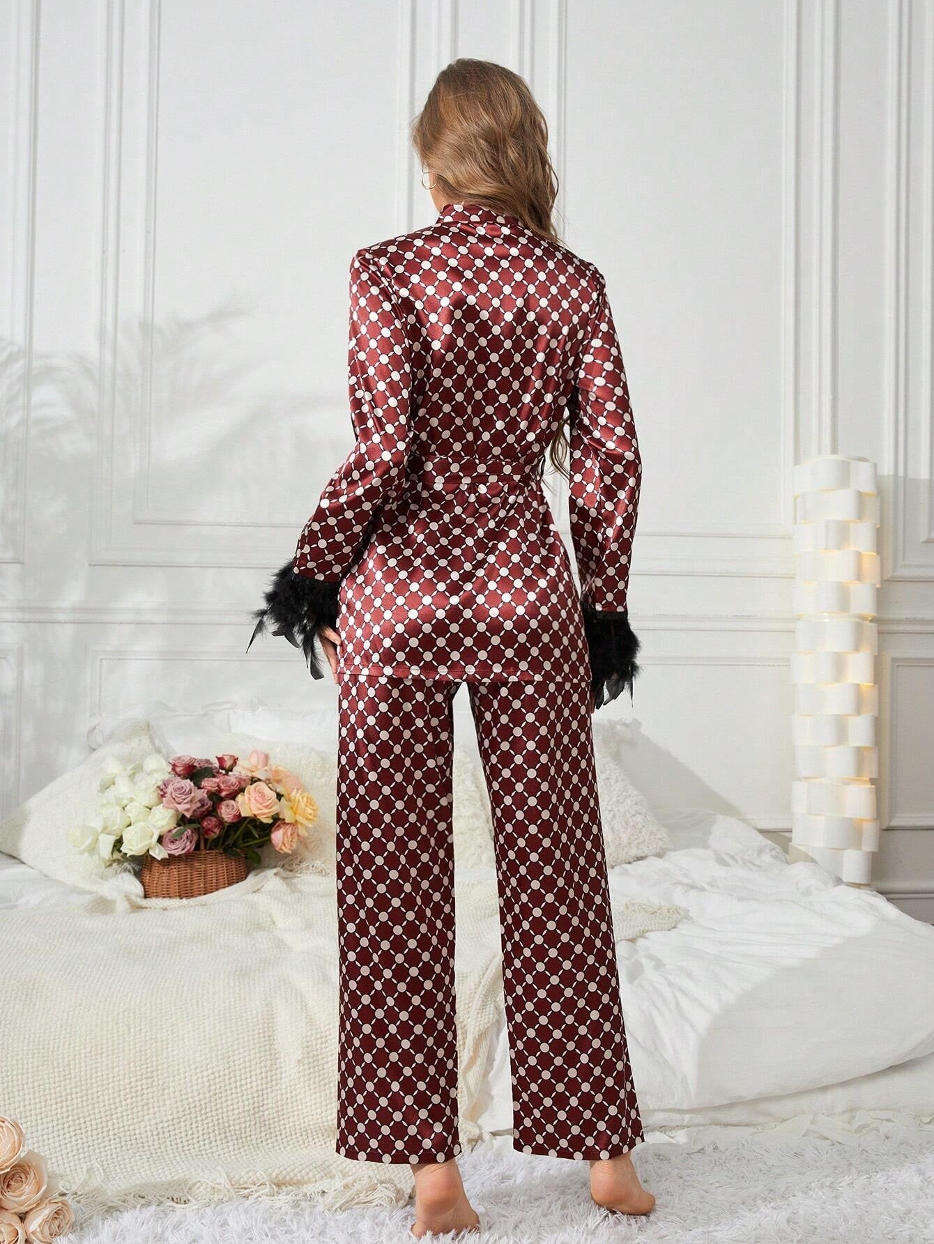 Allover Print Fuzzy Trim Belted Satin PJ Set