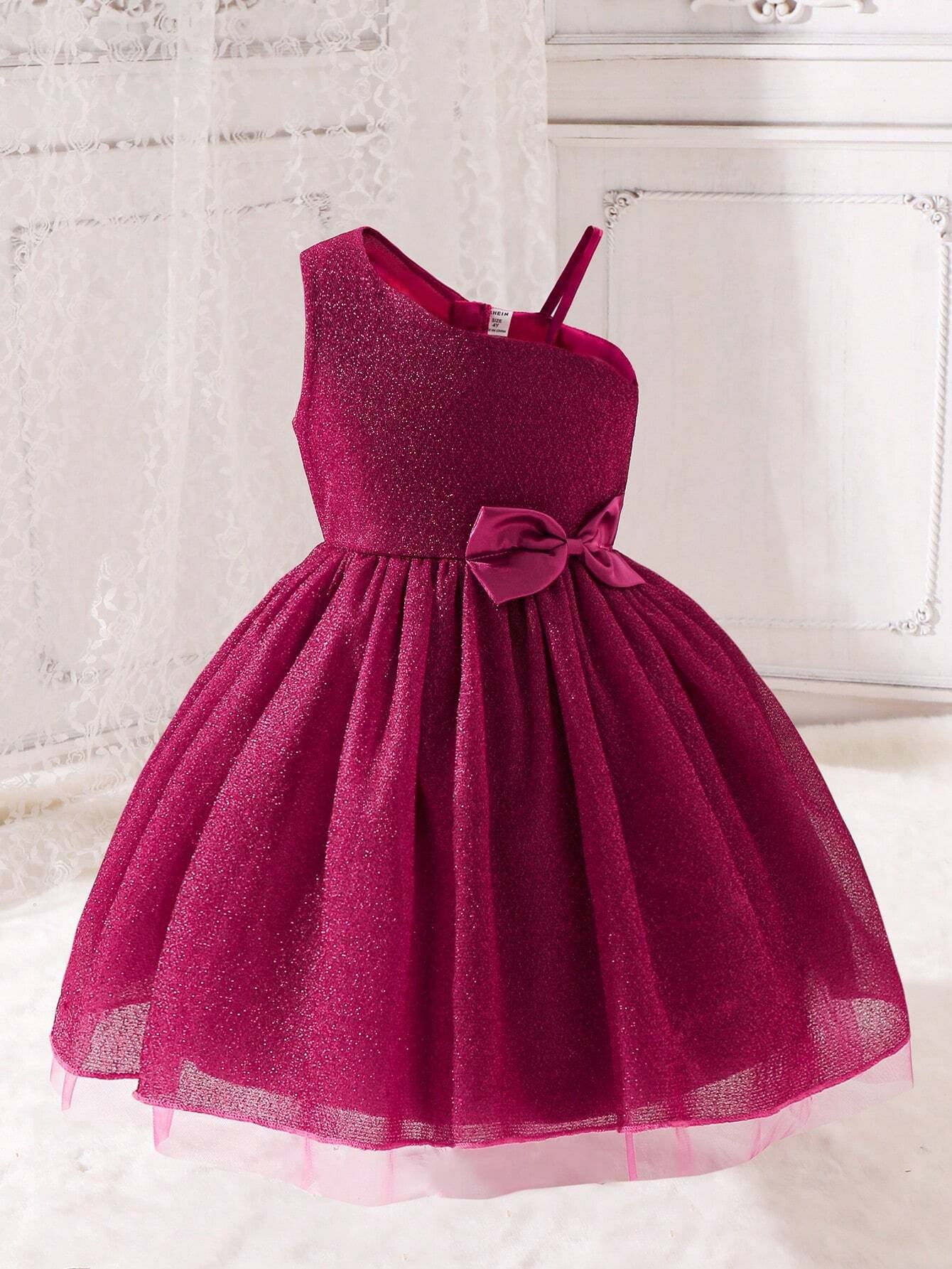 Young Girl Asymmetrical Collar Princess Style Tulle Dress with Ribbon Decor, Perfect for Parties