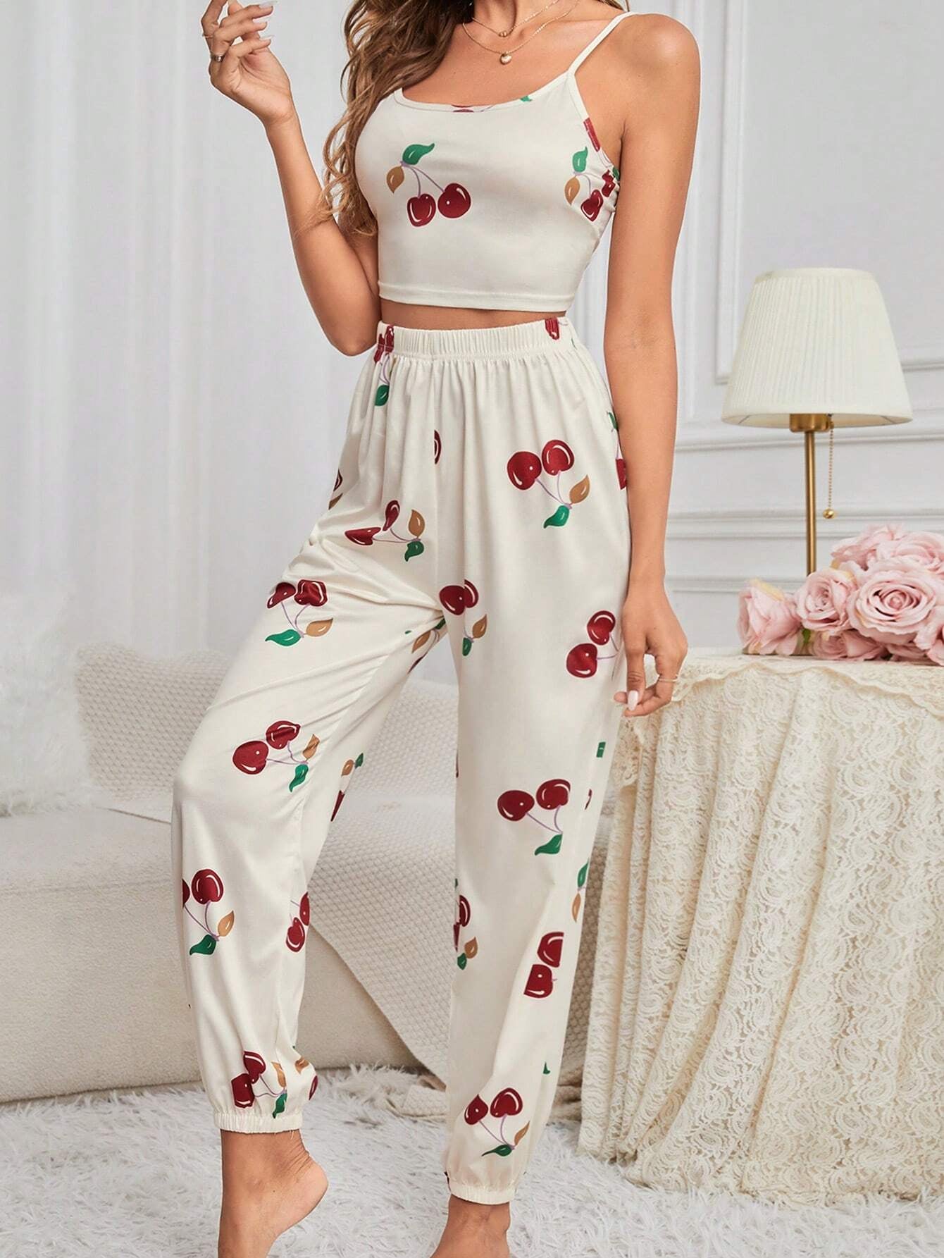 Women'S Cherry Printed Camisole Top and Pants Pajama Set
