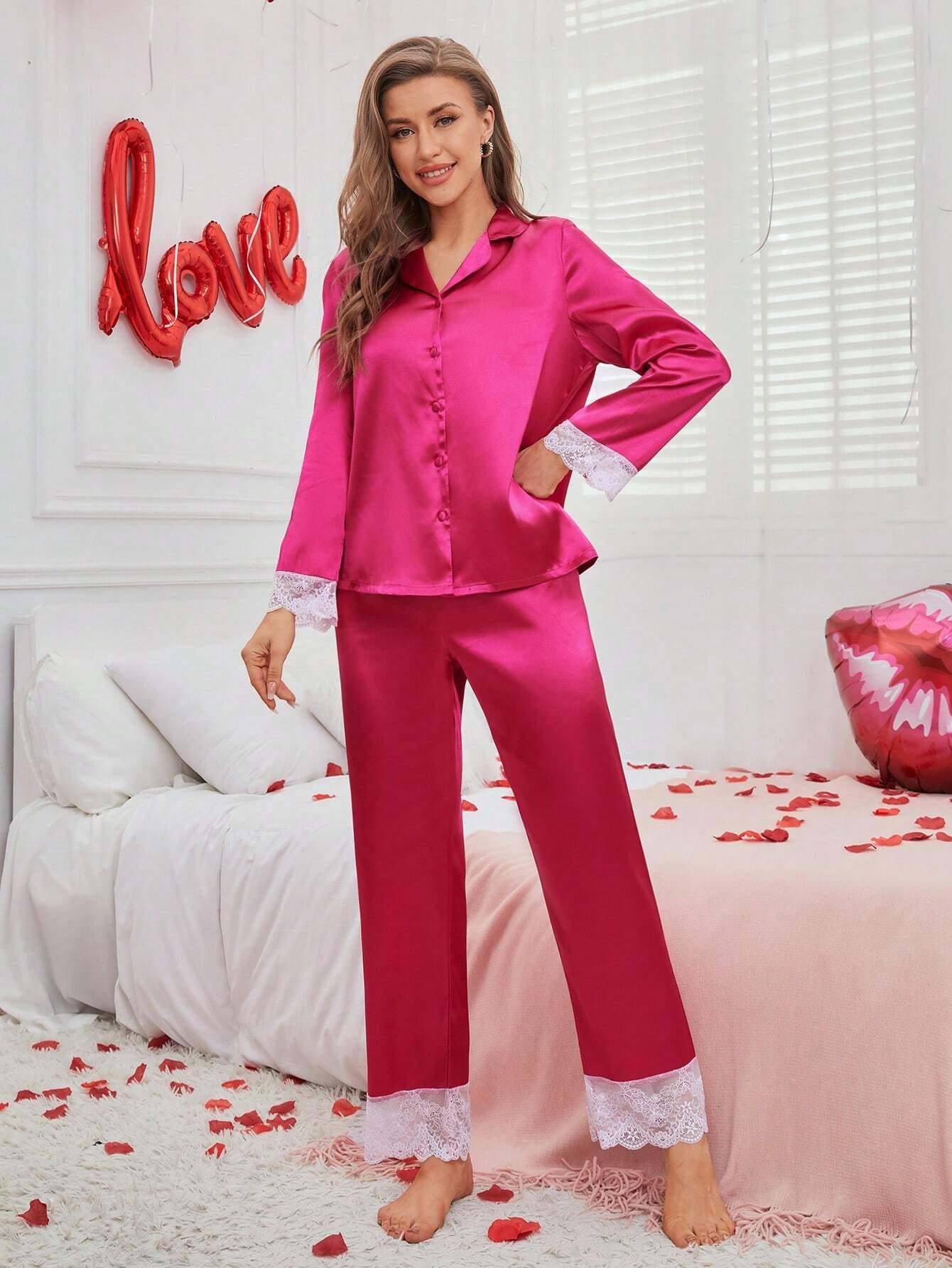 Ladies' Pink Lace Patchwork Pajama Set