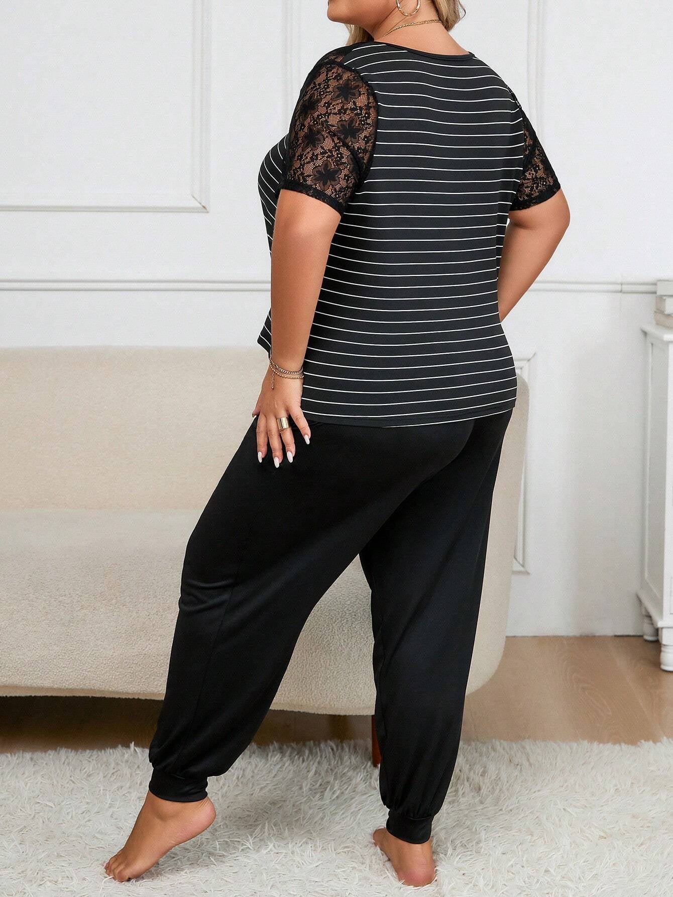 Women'S plus Size V-Neck Striped Lace Trim Pajama Sets