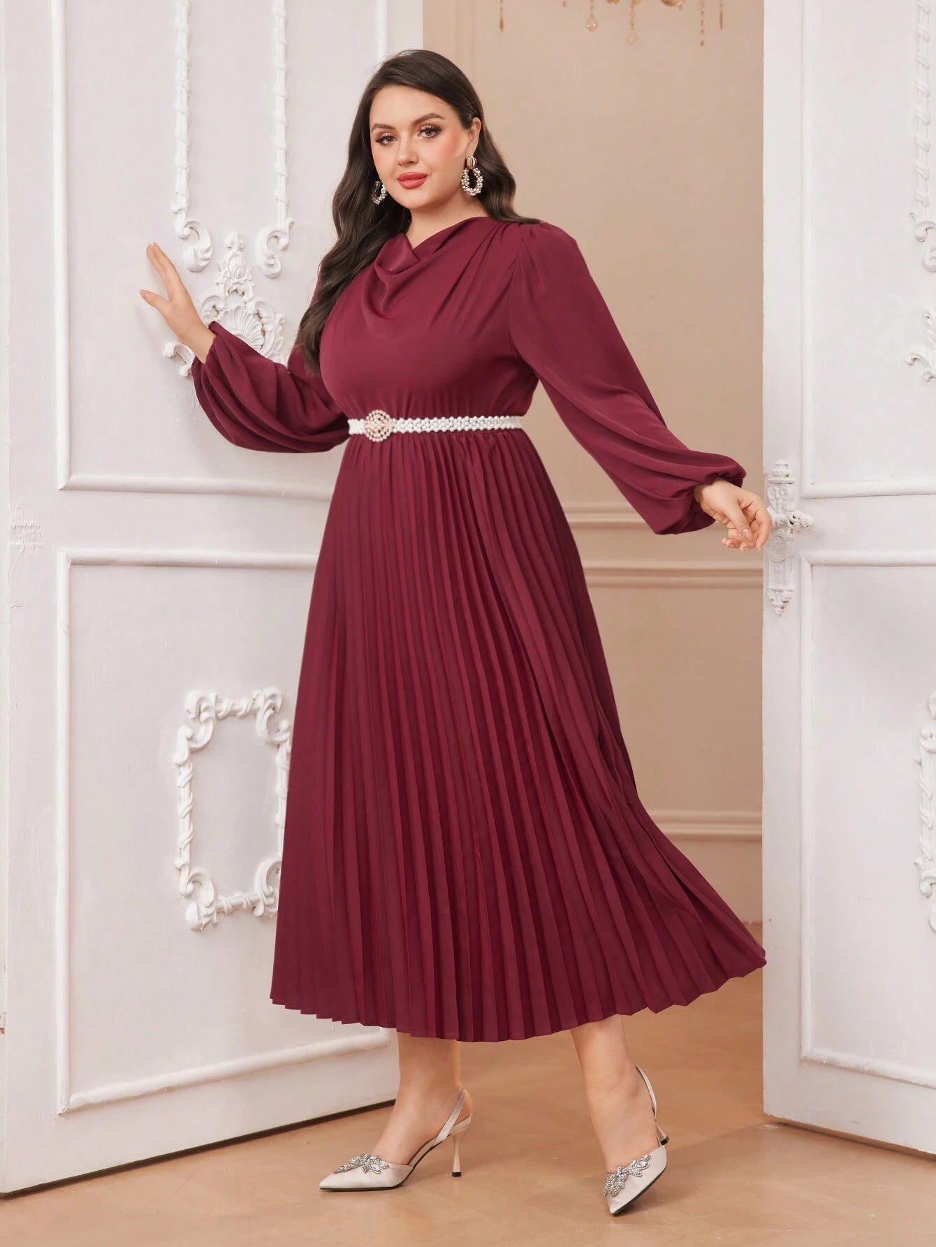 Modely plus Size Solid Color Draped Collar Lantern Sleeve Dress