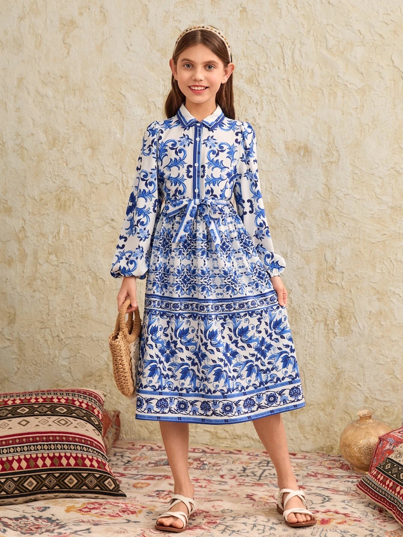 Tween Girl 1Pc Floral Print Lantern Sleeve Belted Dress