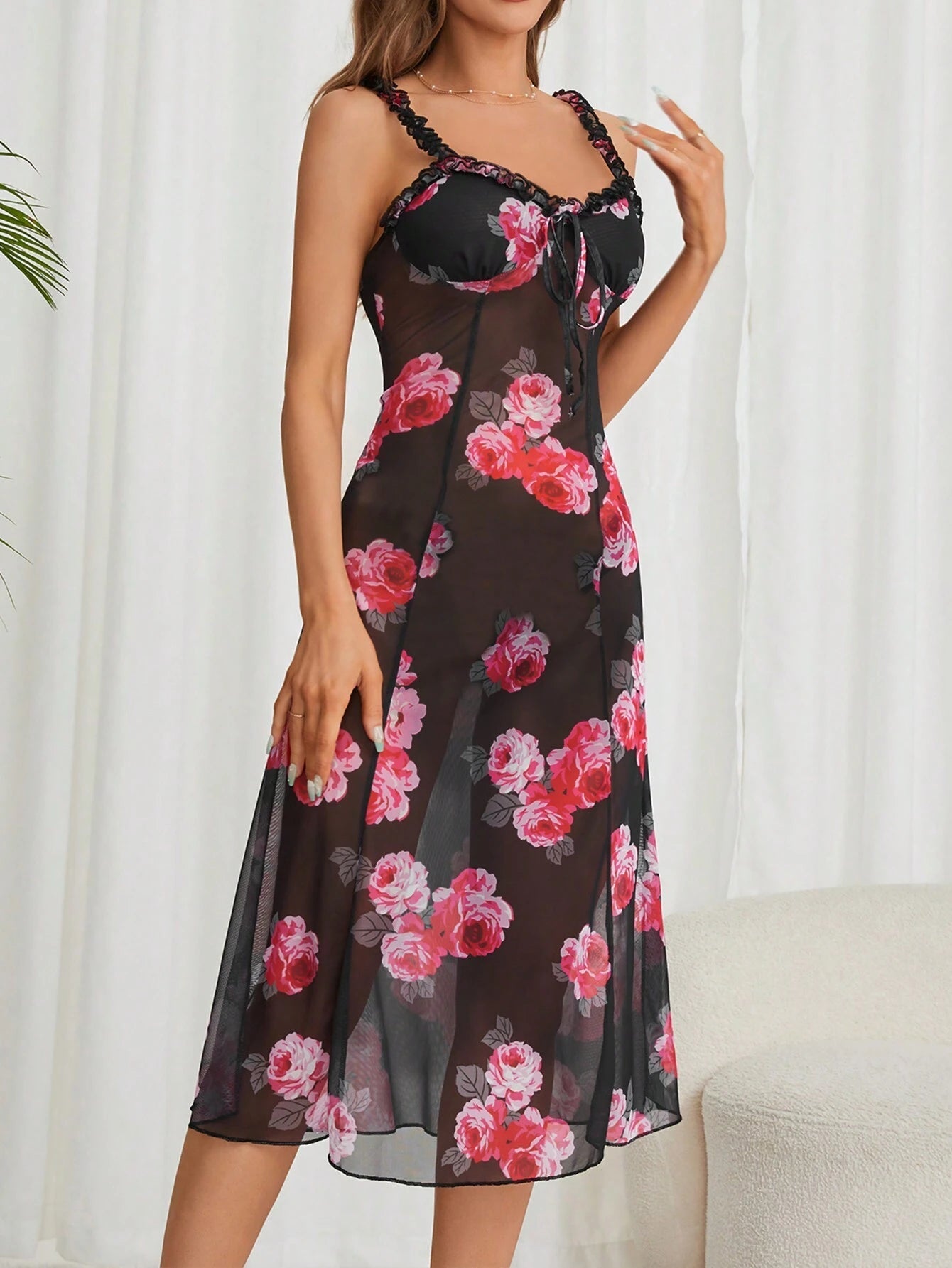 Ladies' Floral Print Sleep Dress with Ruffles