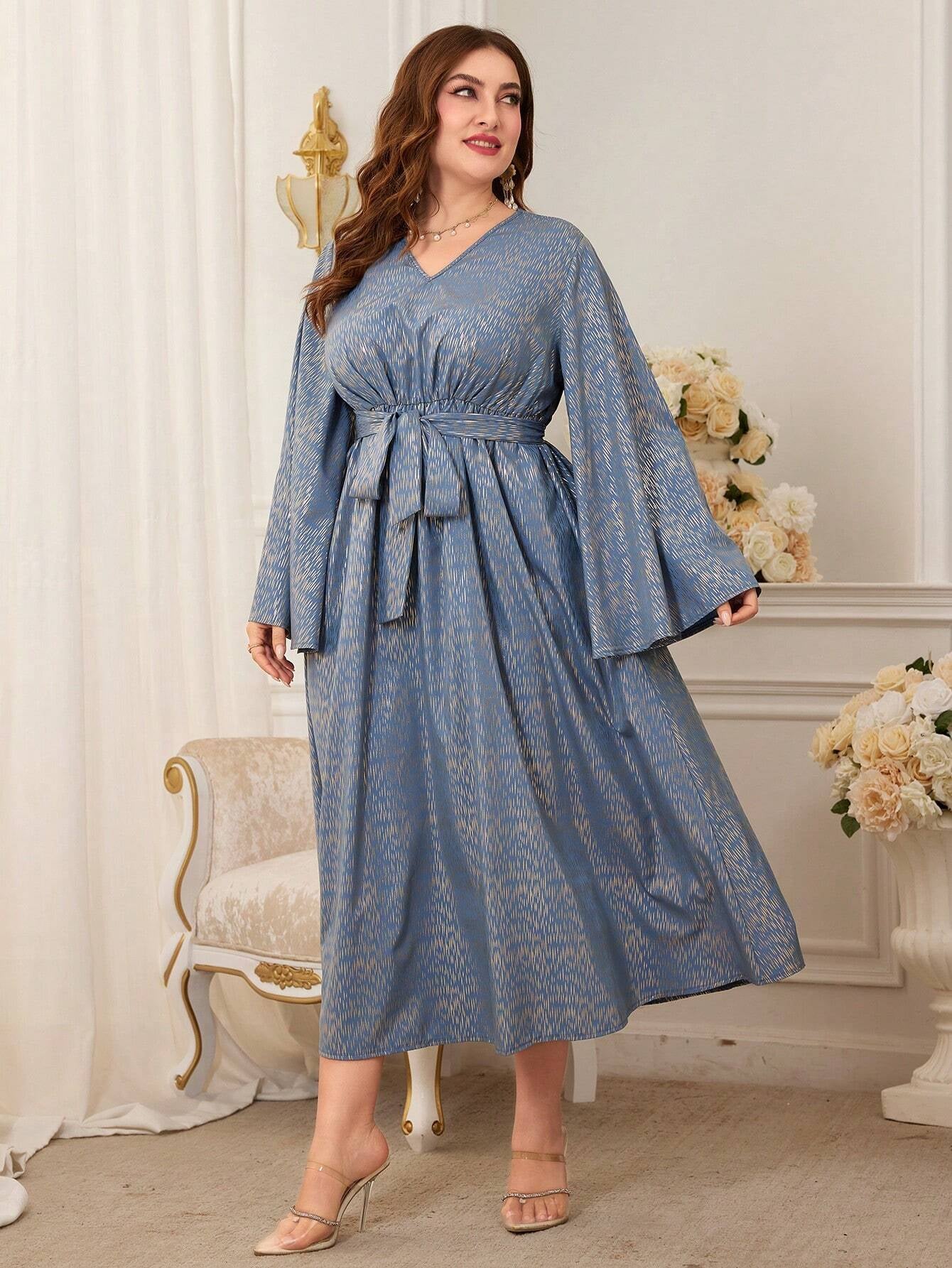 Modely plus Size Women'S Fashion Gold Plated Trumpet Sleeve Dress