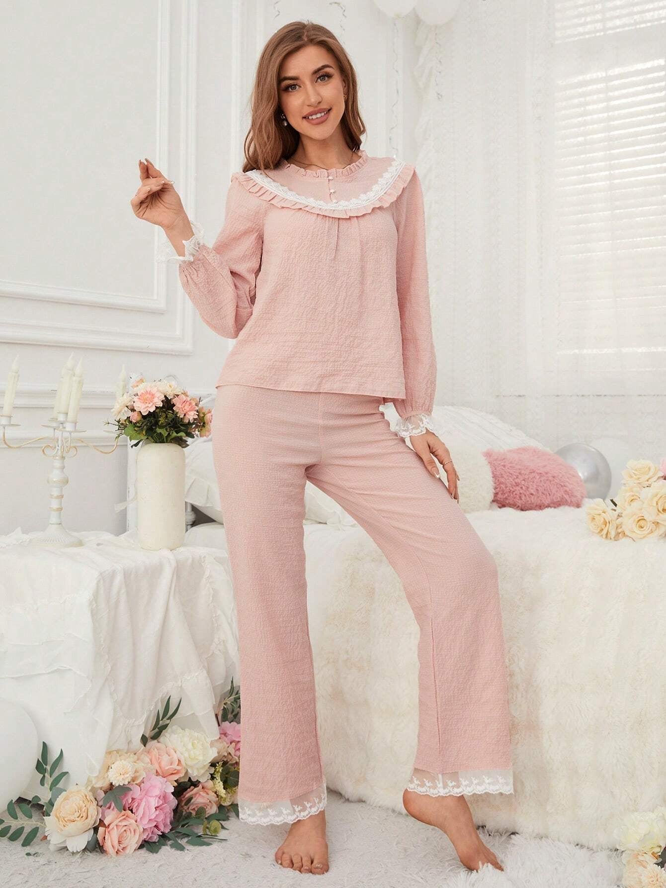 Ladies' Lace Patchwork Pajama Set with Frill Edge Design Long-Sleeved Top and Pants