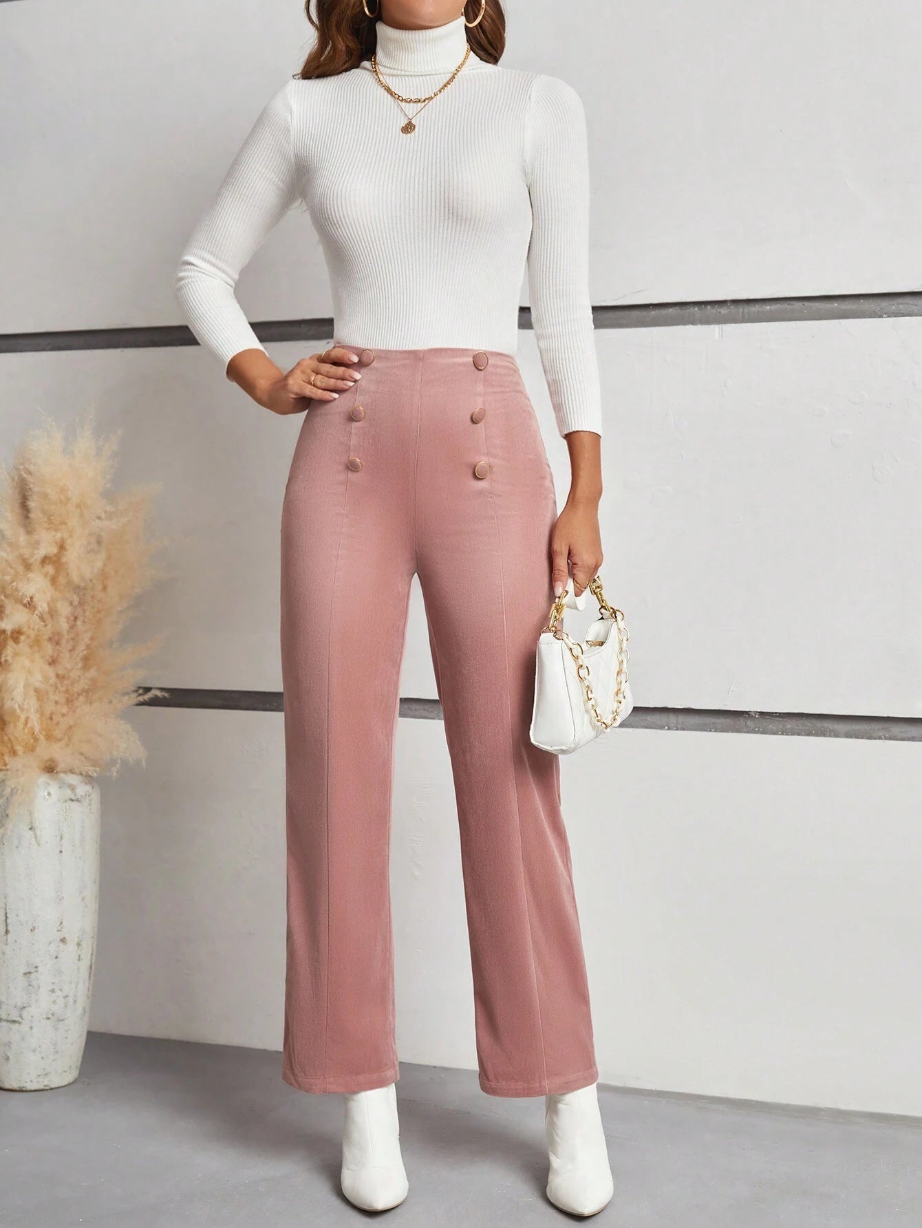 Frenchy High-Waisted Straight Leg Pants with Double Breasted Decoration