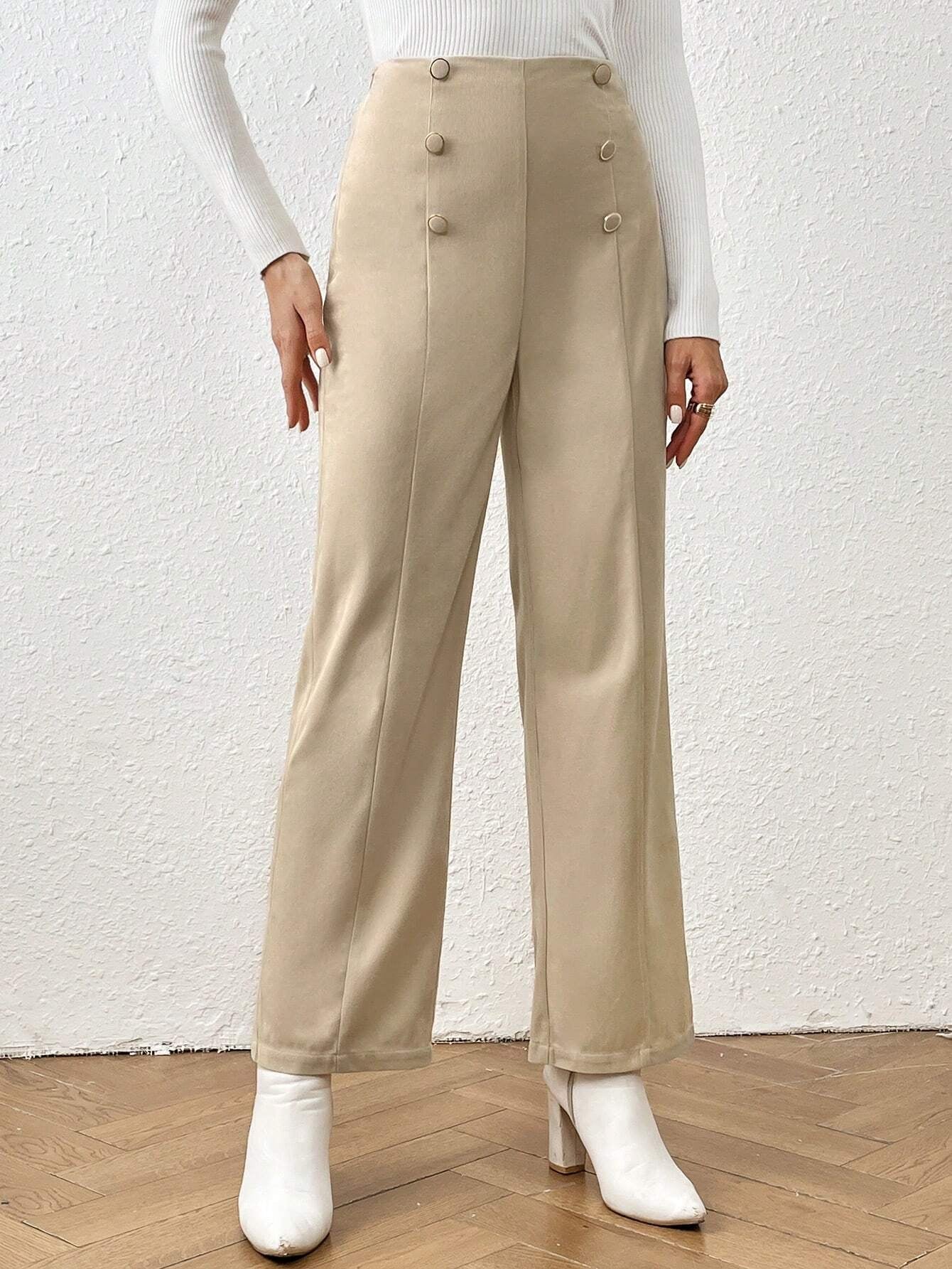 Frenchy High-Waisted Straight Leg Pants with Double Breasted Decoration