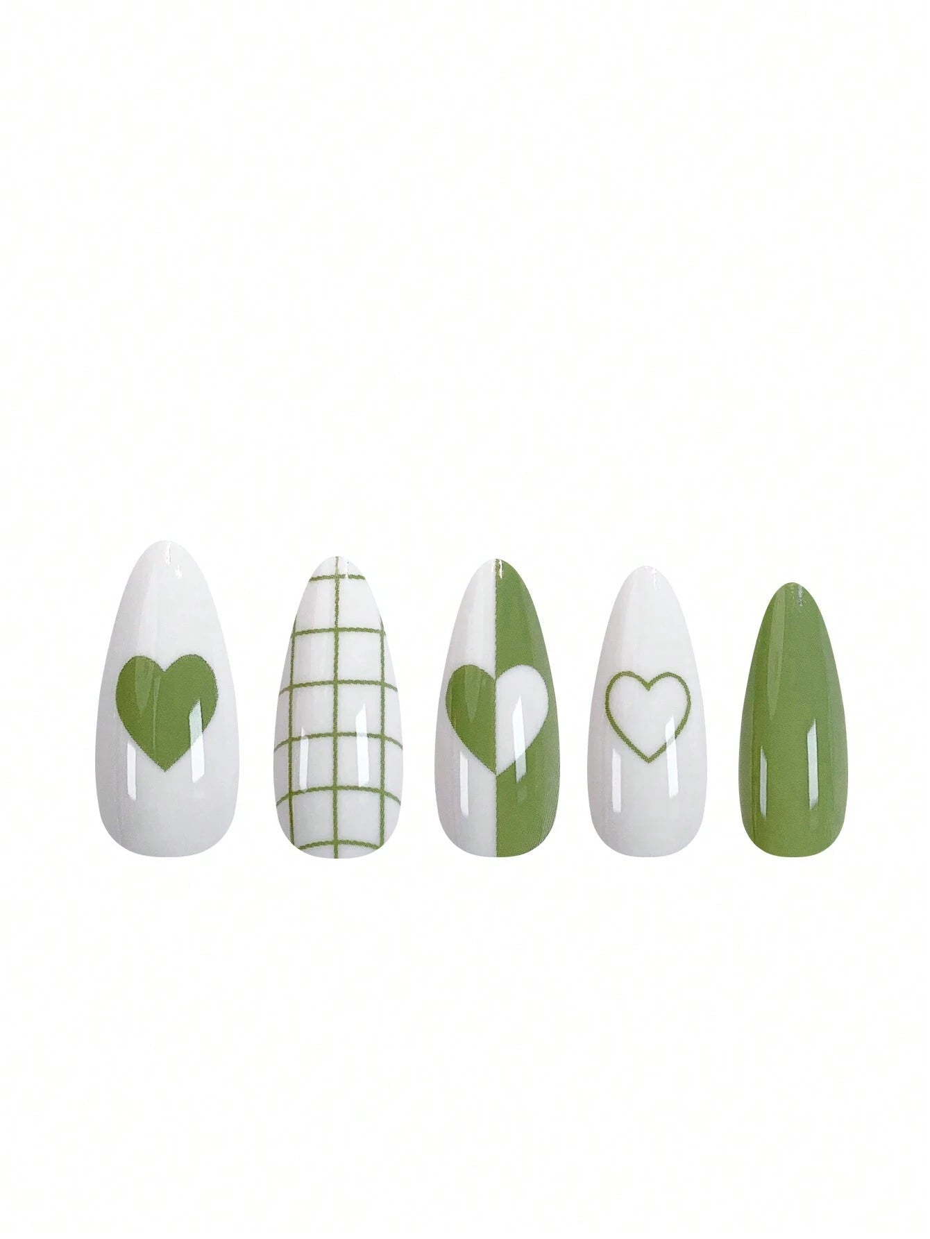 Add a Touch of Romance with 24Pcs Medium Long Almond Shaped Matte & Glossy Double Green Leaves & Foil Painting Full Coverage Nails for Women and Girls