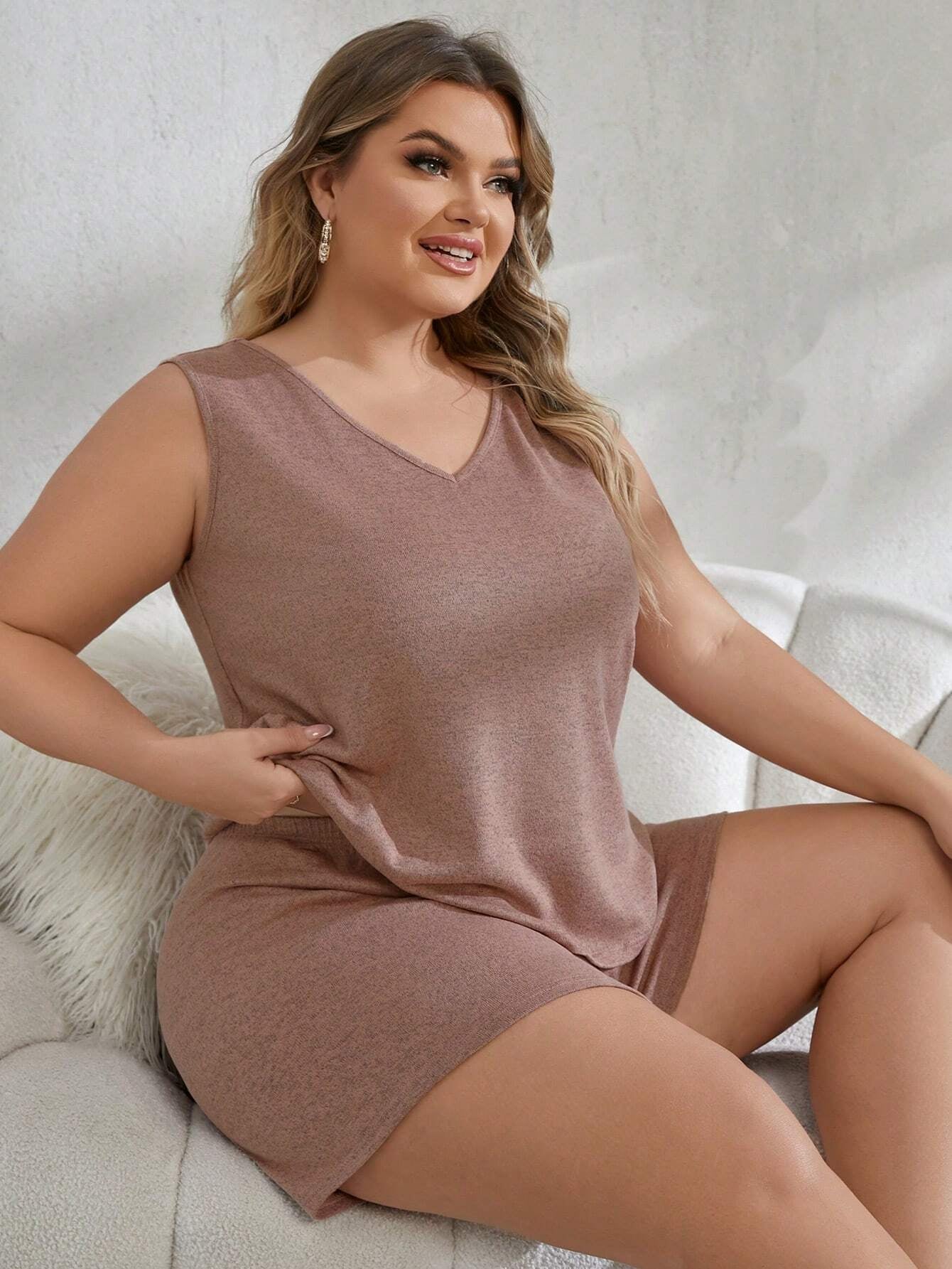 Plus Size V-Neck Tank Top and Shorts Casual Sleepwear Set