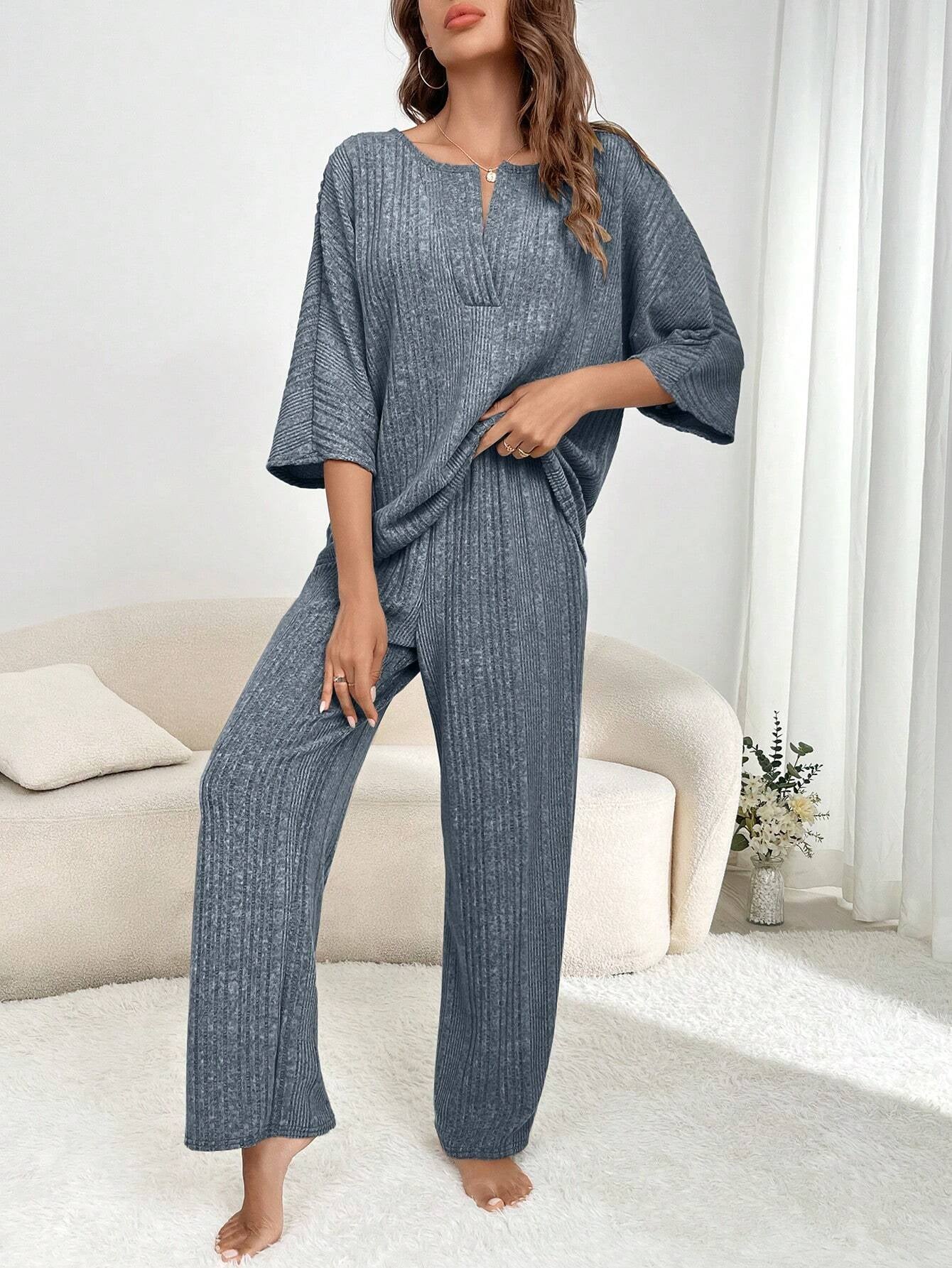 Solid Color Notched Collar Loose Fit Casual Home Wear Set