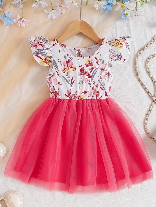 Young Girl Floral Print Contrast Mesh A-Line Dress