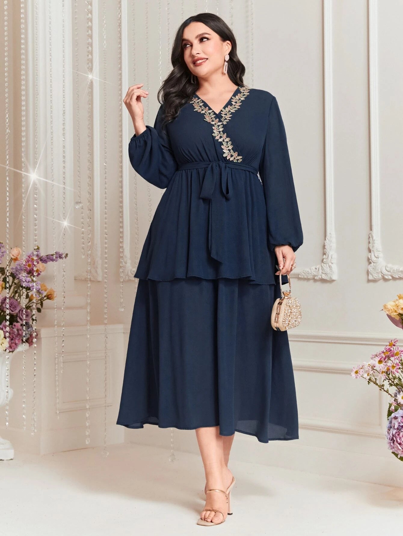 Modely plus Size Embroidered Decor Lantern Sleeve Dress