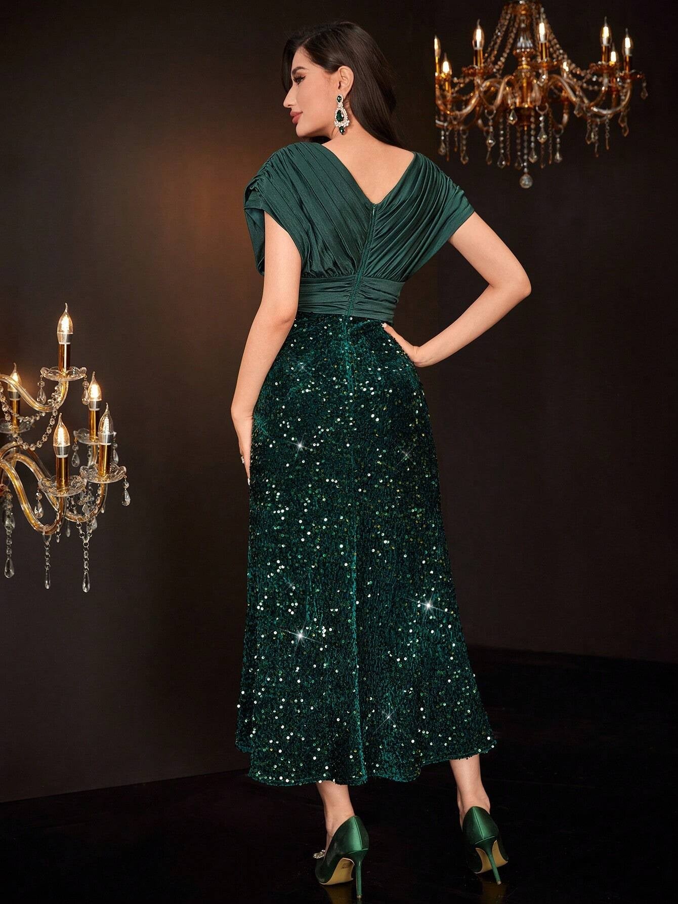 Modely Ruched Panel Batwing Sleeve Sequin Dress