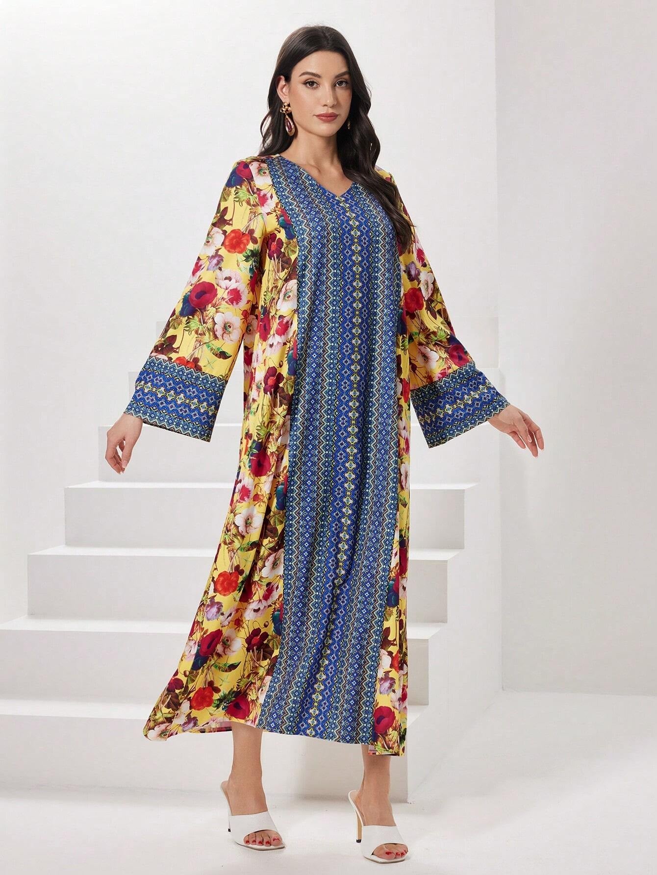 Najma Floral Print V Neck Flounce Sleeve Dress