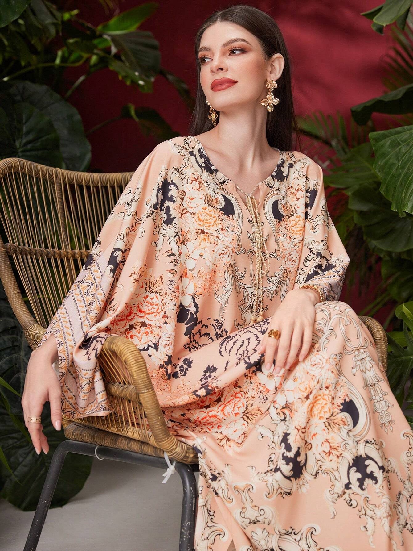 Najma Ladies' Floral Printed Batwing Sleeve Arab Style Dress