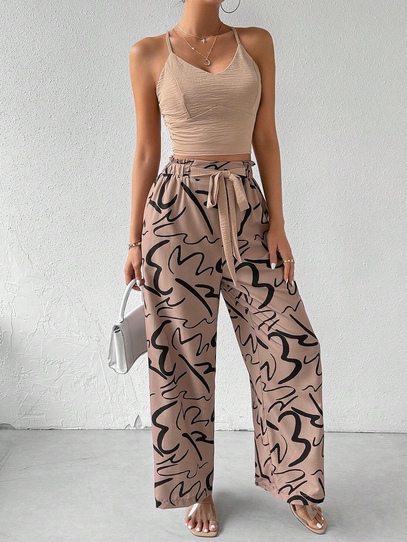 Privé Women'S Pure Color Textured Camisole Top and Printed Wide Leg Pants Set