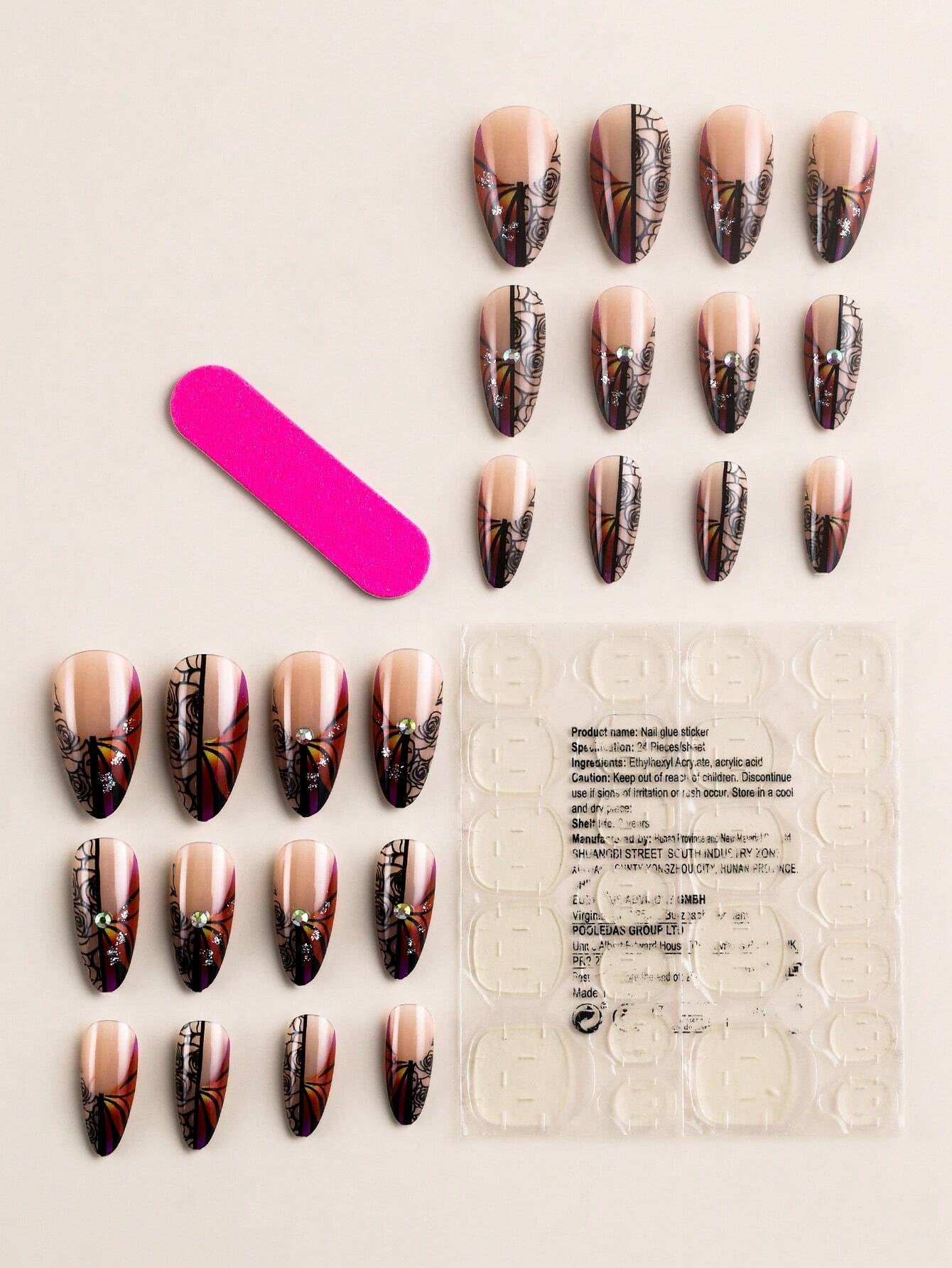 24Pcs/Set Ink Painting Style Almond Shape Fake Nails with Green & Gold Foil Design, Comes with 1 Jelly Glue and 1 Nail File