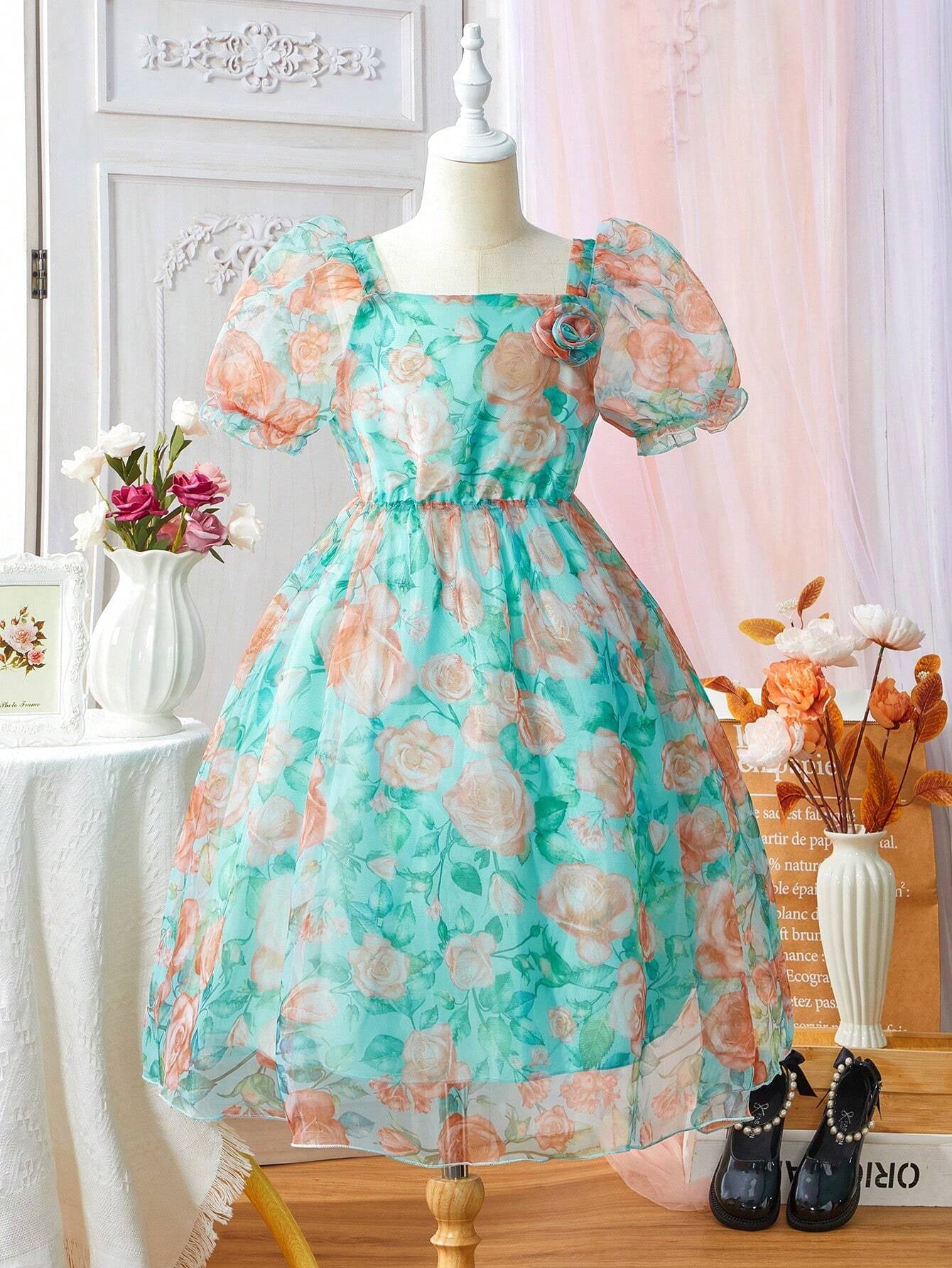 Tween Girl Floral Printed Mesh Patchwork Puff Sleeve Dress