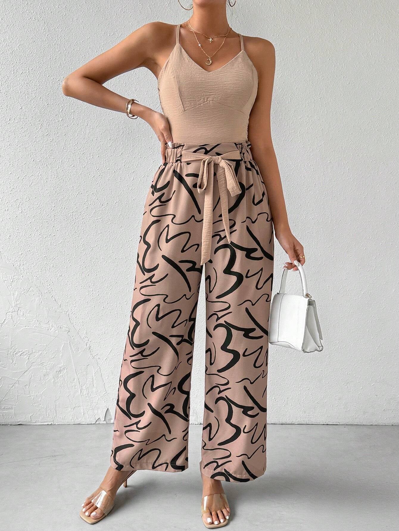 Privé Women'S Pure Color Textured Camisole Top and Printed Wide Leg Pants Set