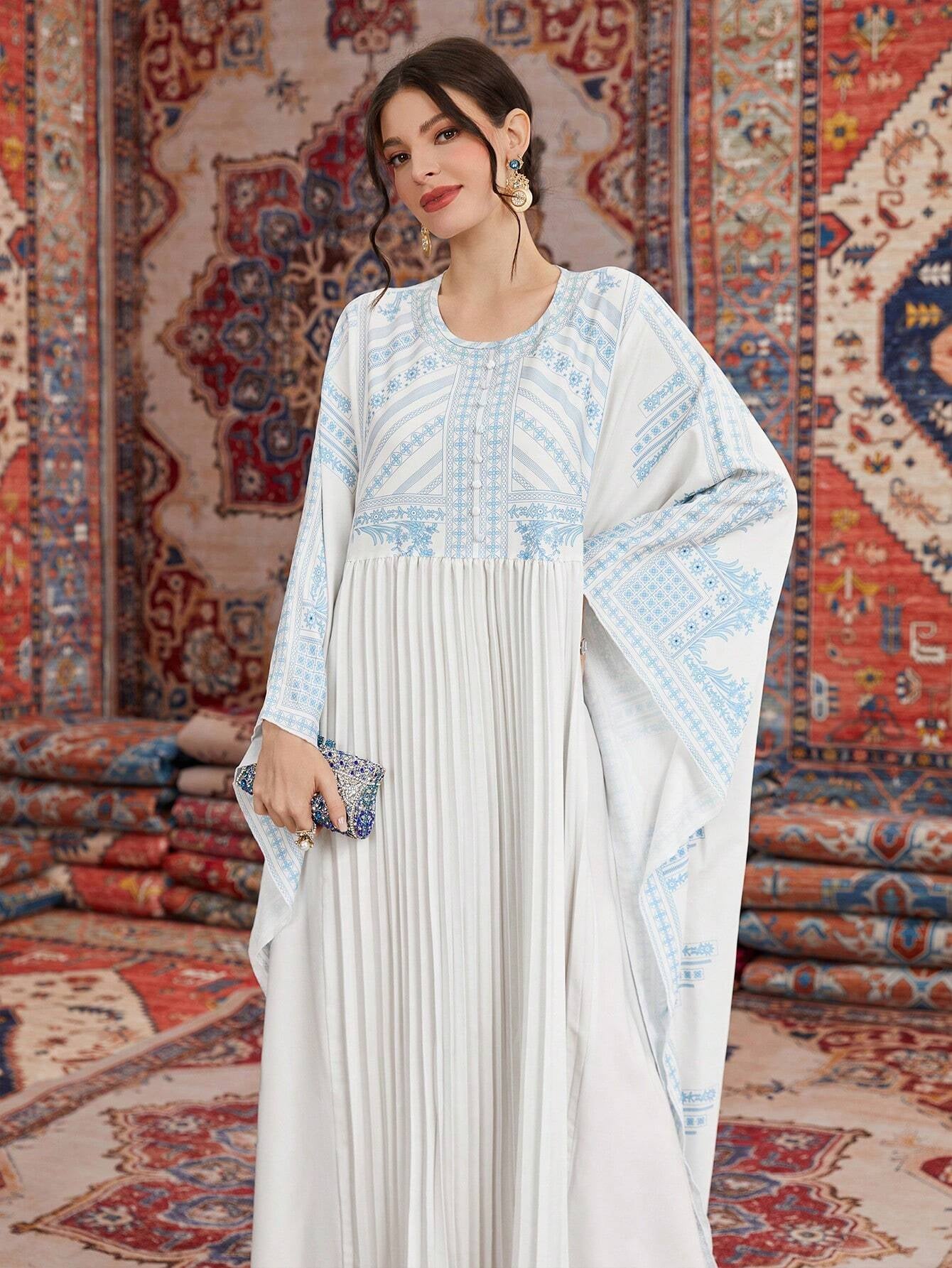 Najma Women'S Loose Fit Kaftan with Contrasting Colors & Printed round Neckline