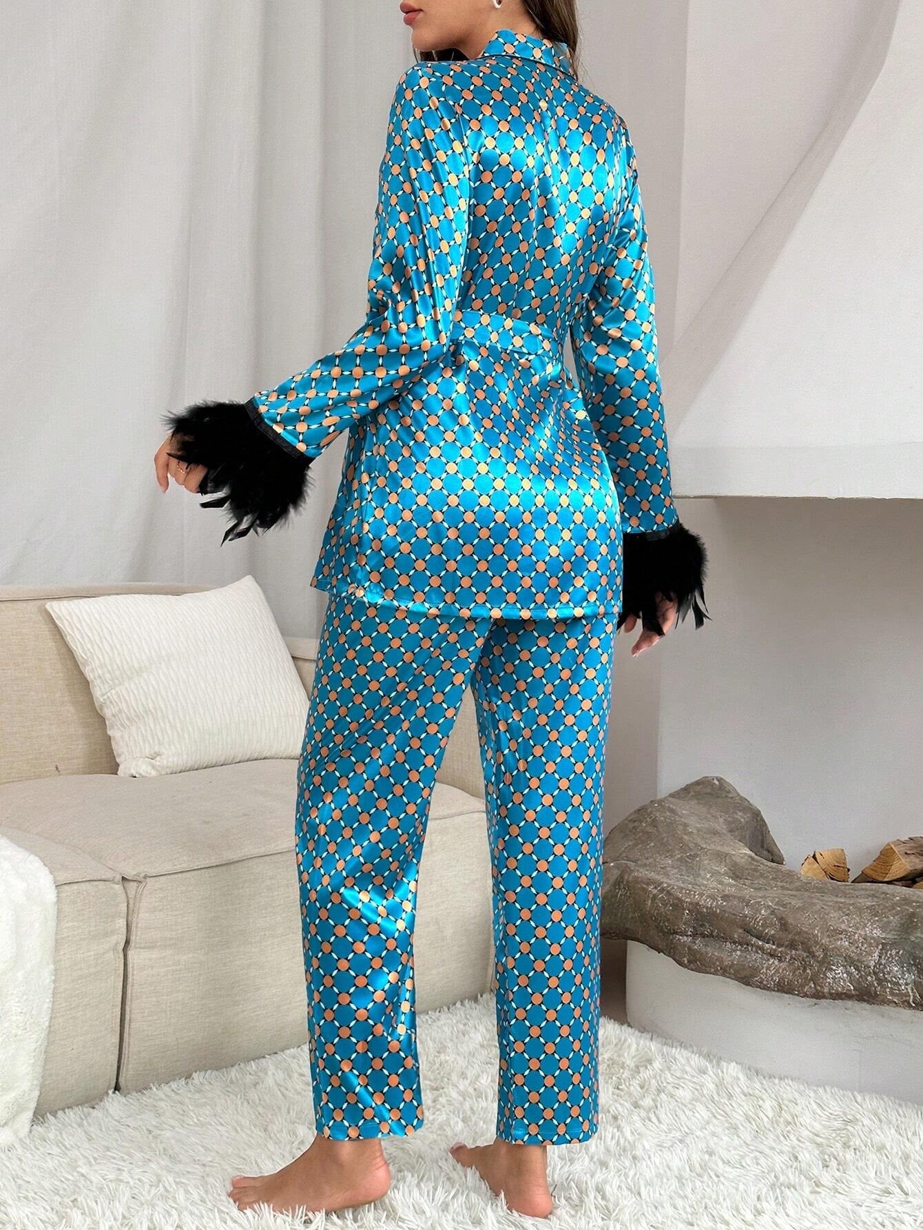 Allover Print Fuzzy Trim Belted Satin PJ Set