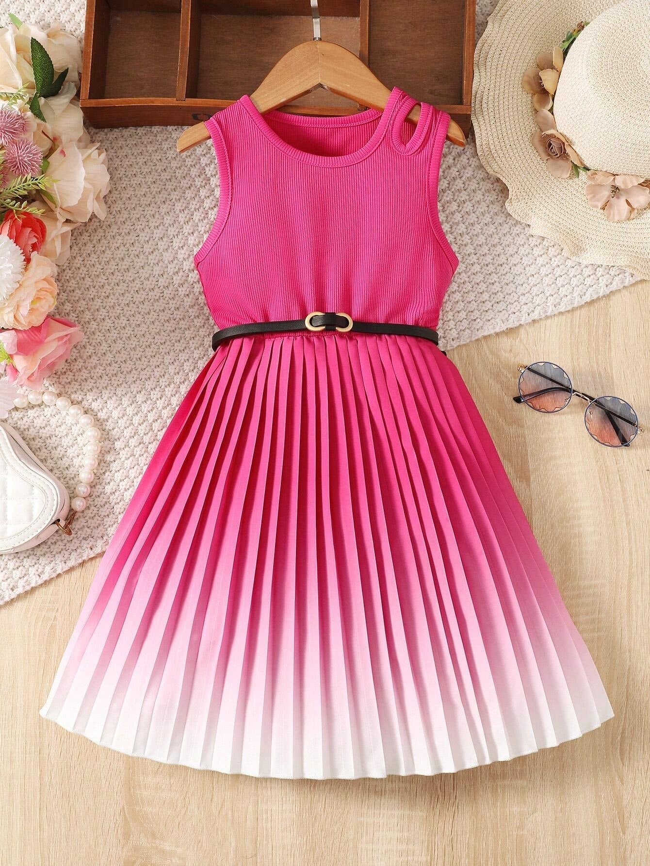 Young Girl Gradient Colorblock Pleated Hem Sleeveless Dress for Summer