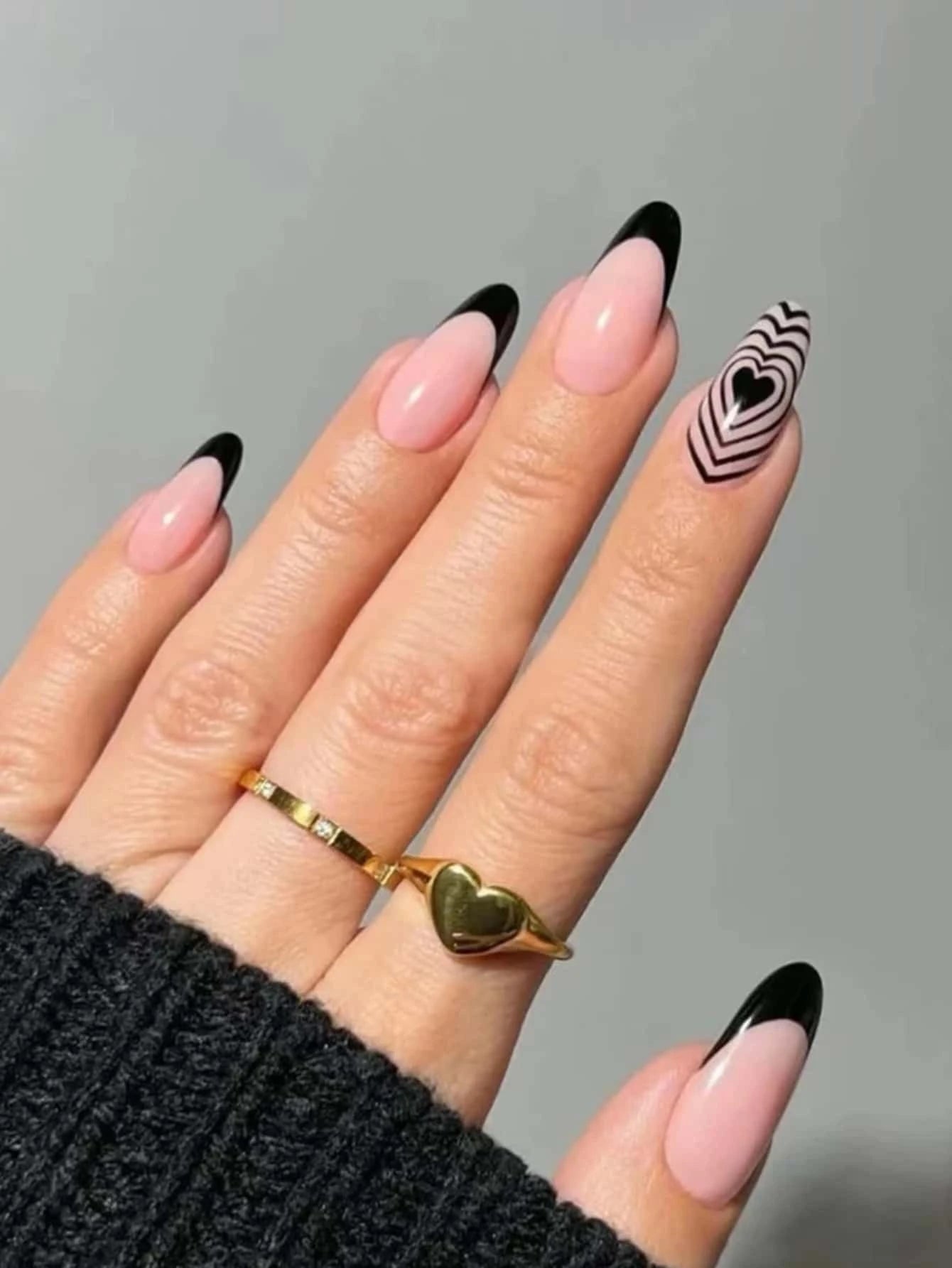 24Pcs False Nails in Waterdrop Shape, Black French Manicure with Small Flowers & Pointy Almond Shape +Jelly Glue + Nail File