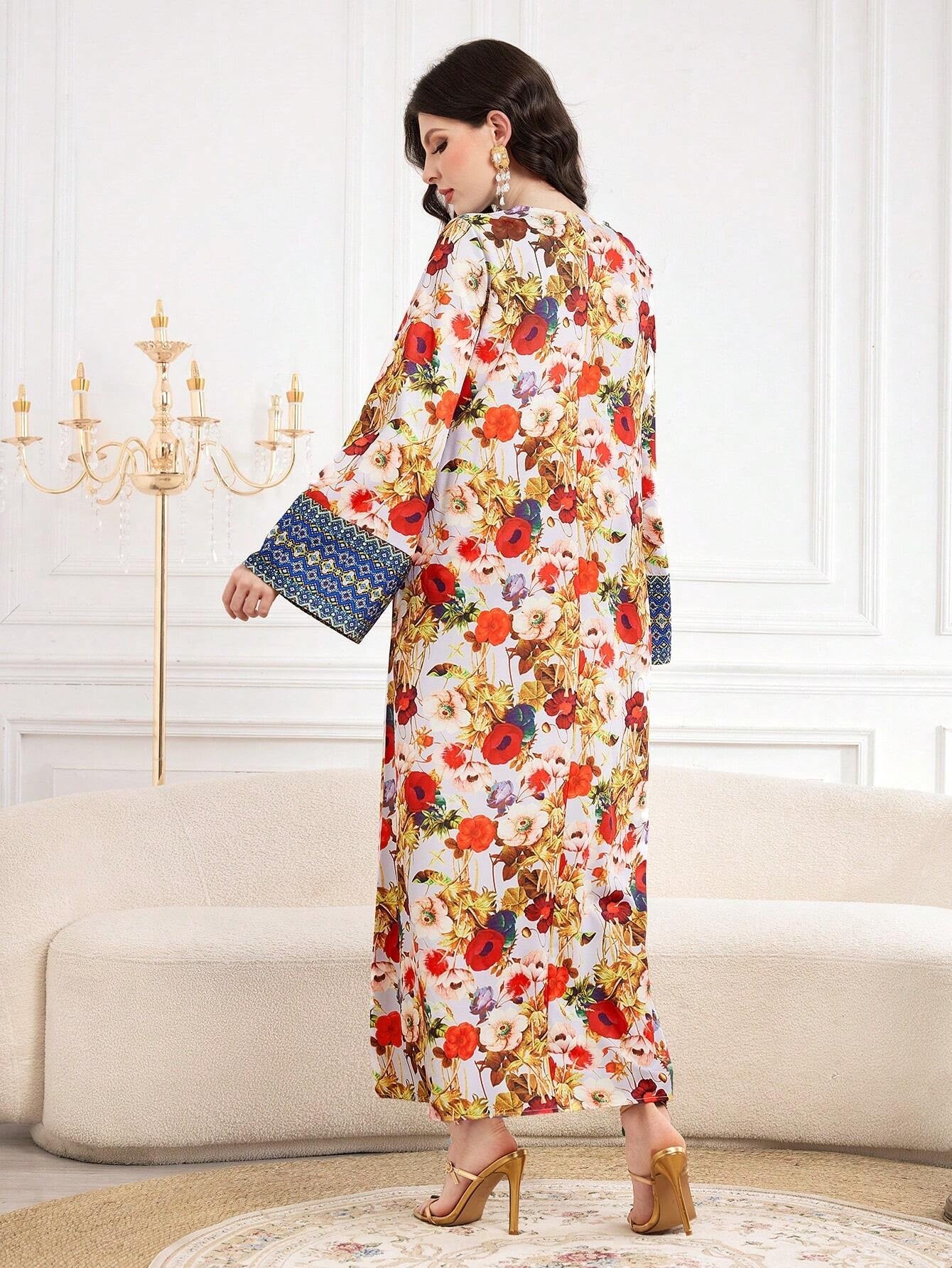 Najma Floral Print V Neck Flounce Sleeve Dress