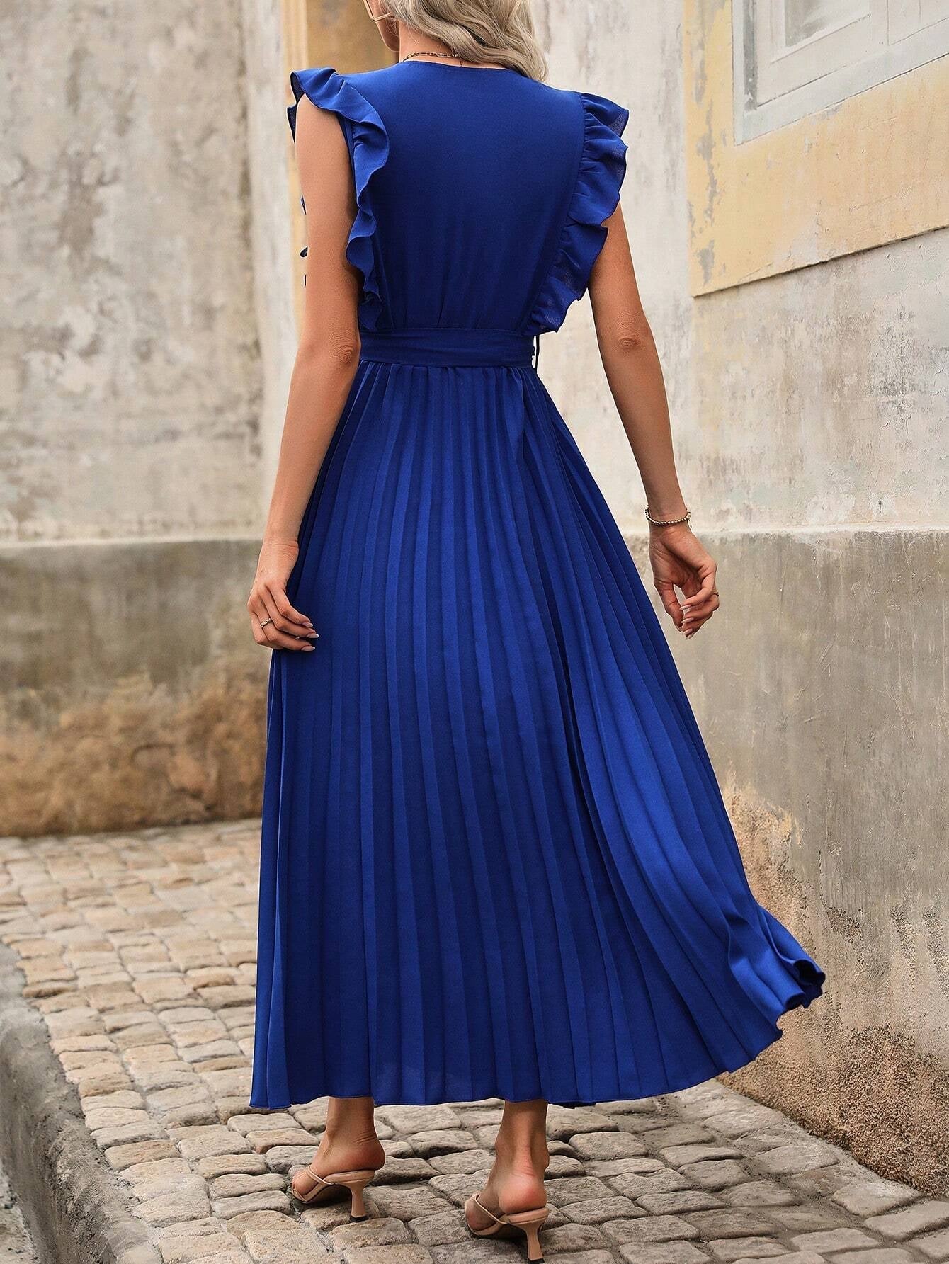 Clasi Solid Color Ruffle Hem Belted Dress