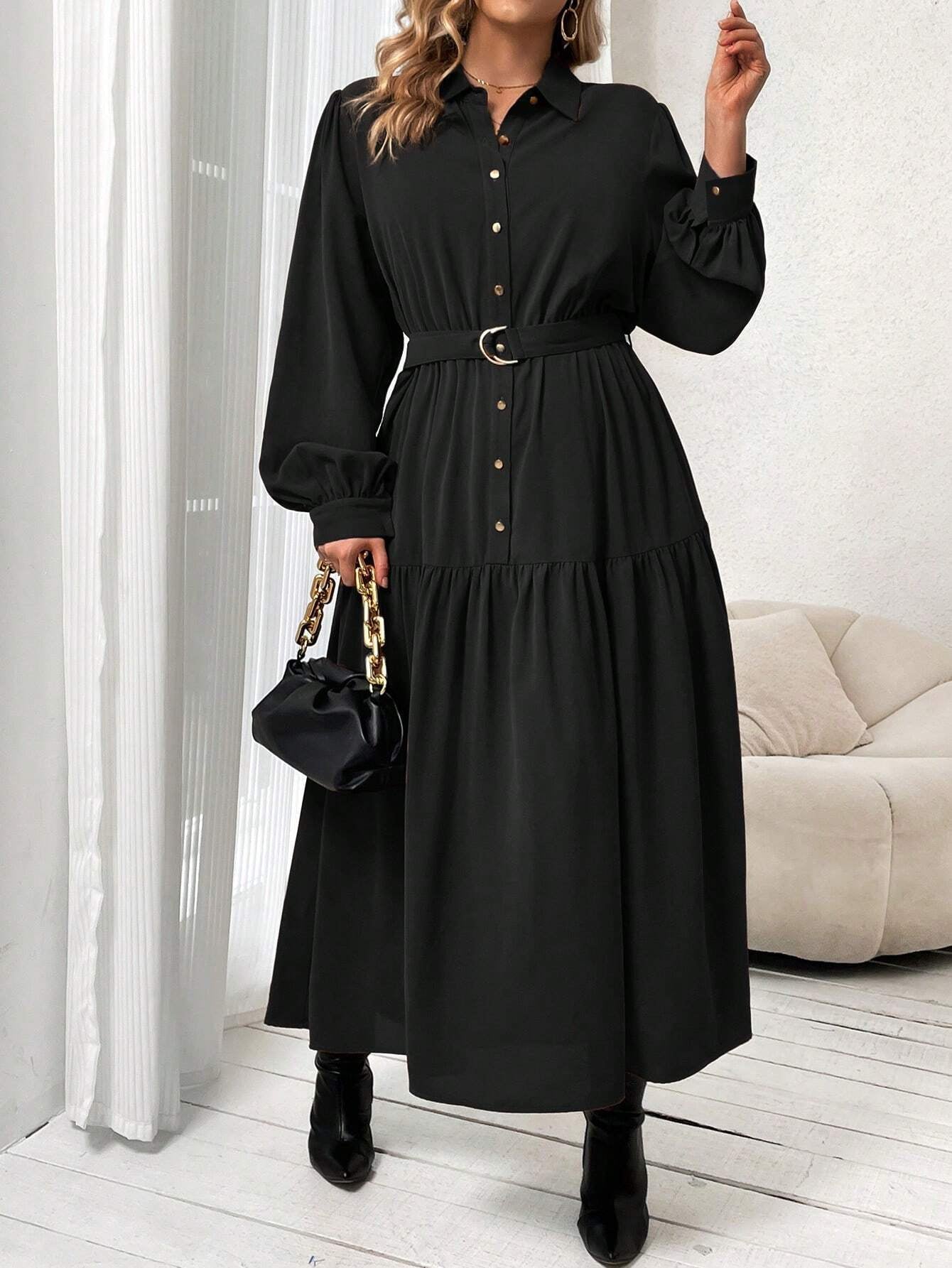 Frenchy plus Lantern Sleeve Ruffle Hem Belted Shirt Dress