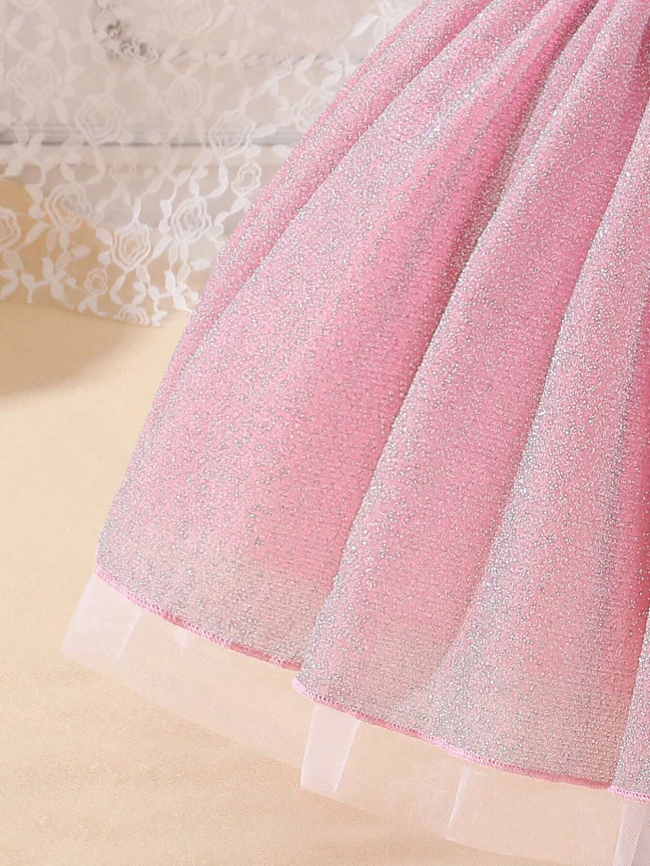 Young Girl Asymmetrical Collar Princess Style Tulle Dress with Ribbon Decor, Perfect for Parties