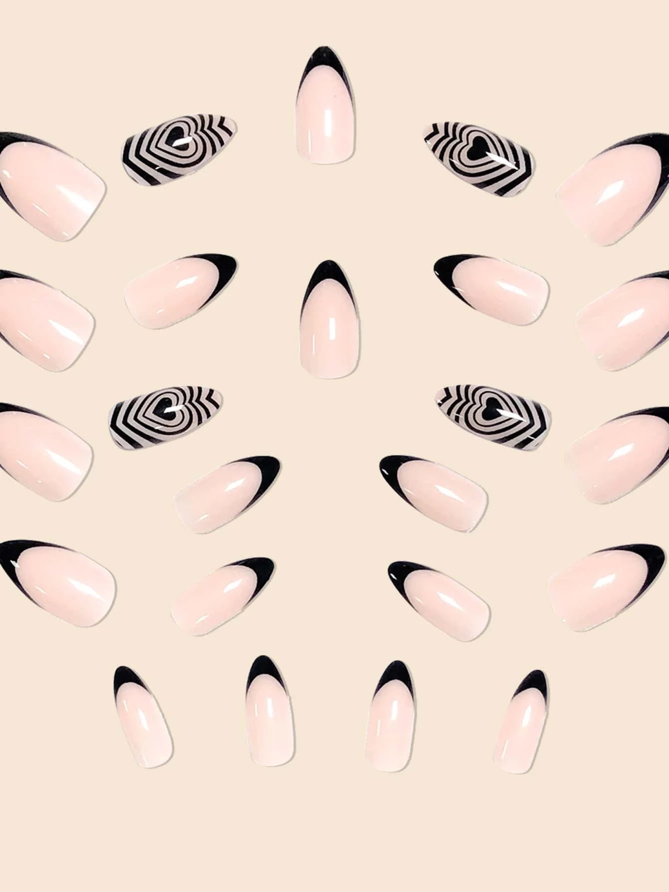 24Pcs False Nails in Waterdrop Shape, Black French Manicure with Small Flowers & Pointy Almond Shape +Jelly Glue + Nail File