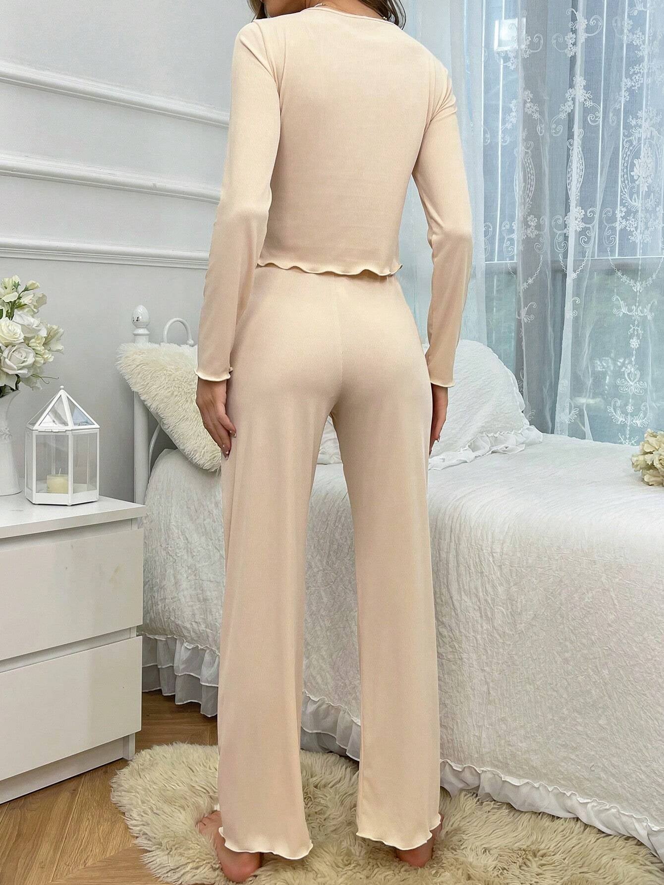 Women'S Faux-Button Decoration Long Sleeve and Pants Home Suit