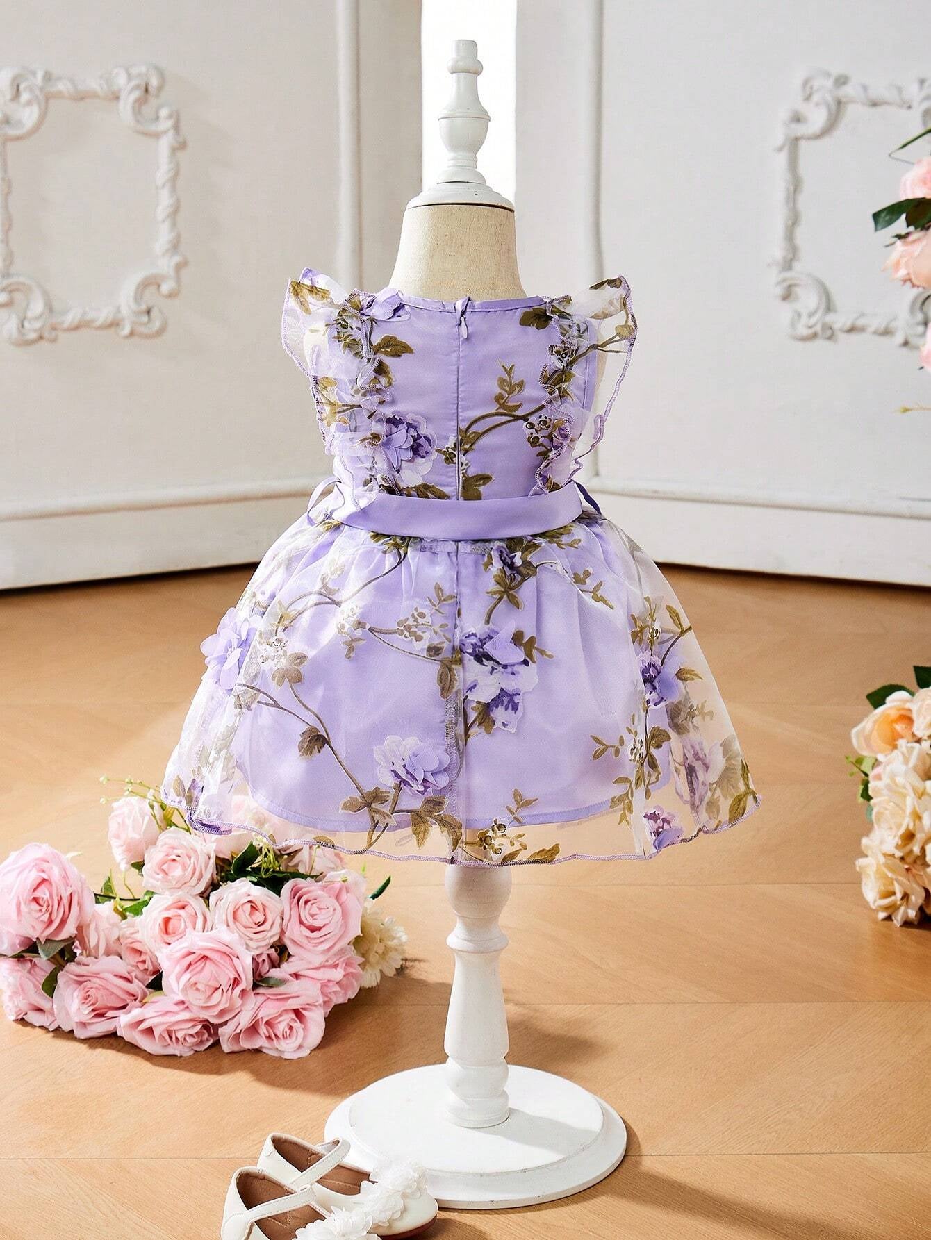 Baby Girls' Organza Floral Print Back Zipper Knot Waist Dress