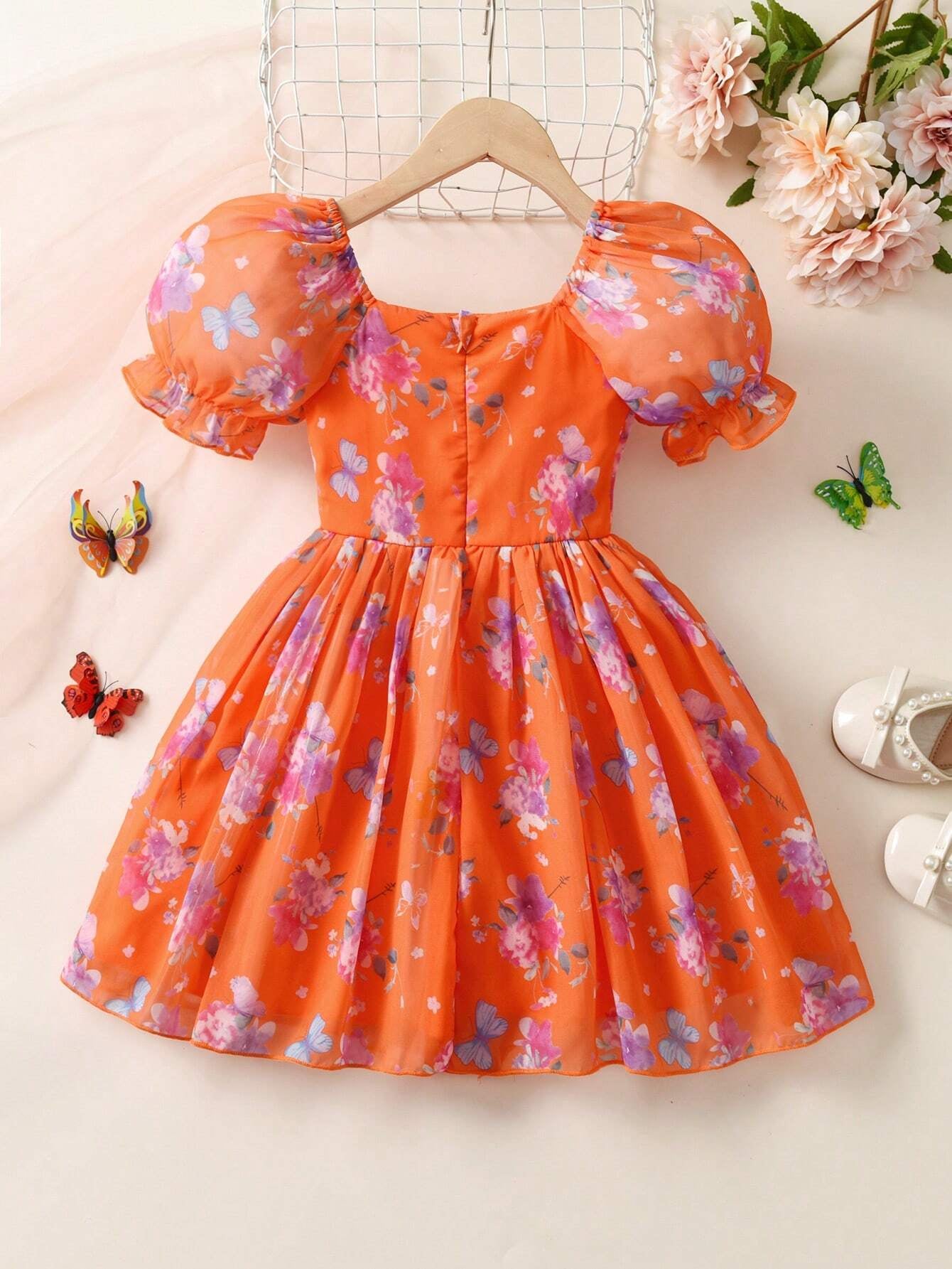 Young Girl'S Floral Printed Puff Sleeve Dress