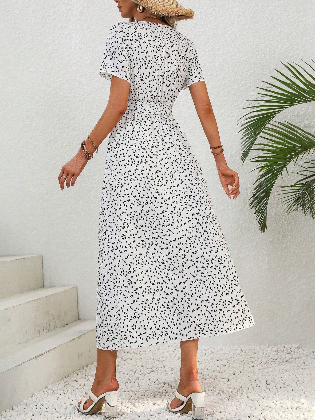 Clasi Allover Heart Print Belted Dress