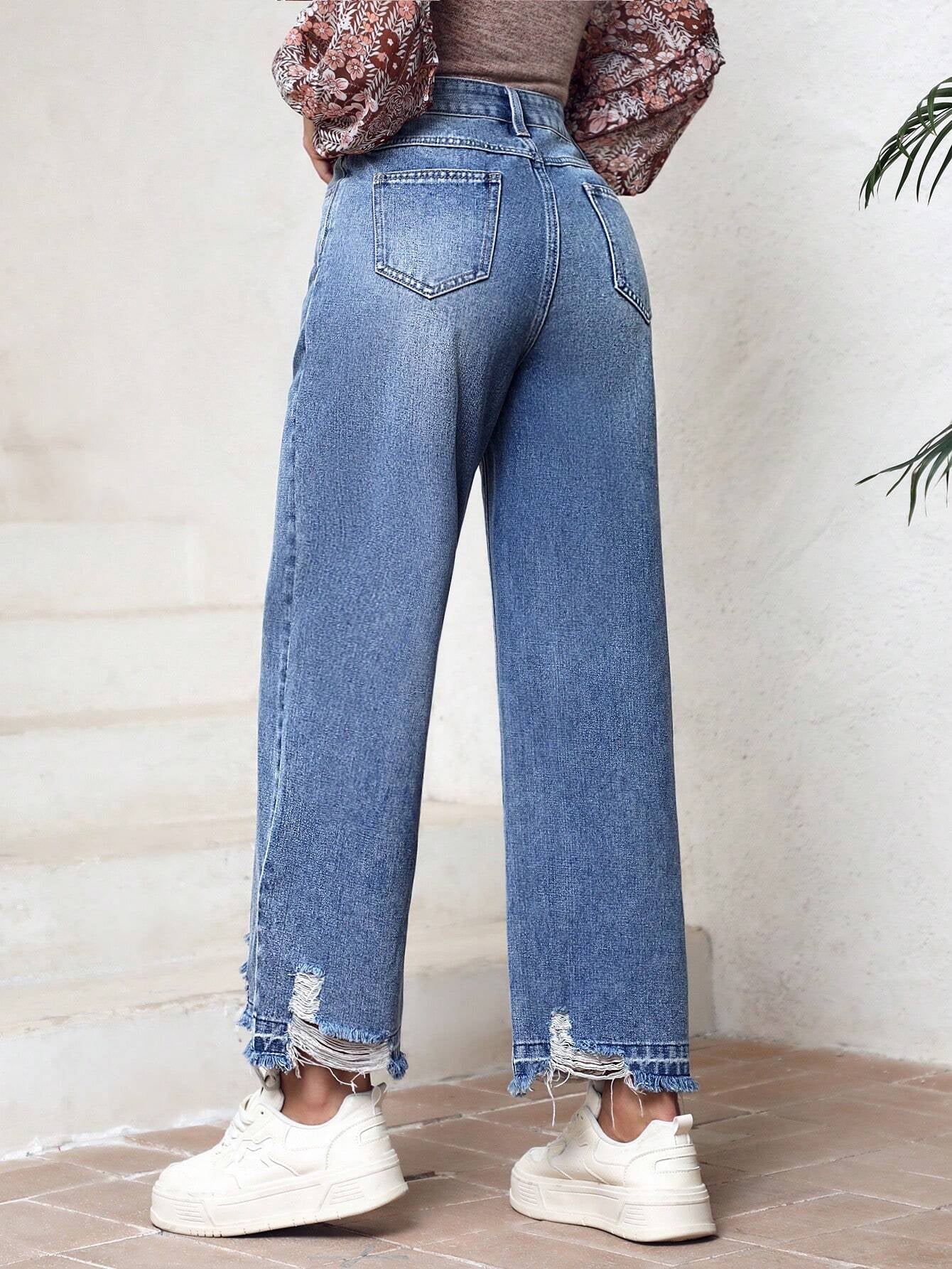 LUNE Distressed Straight Leg Denim Jeans