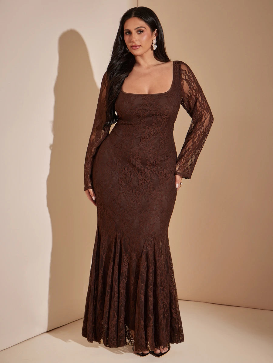 SHEIN BAE CURVE فستان طويل بني للمقاسات الكبيرة بأكمام طويلة